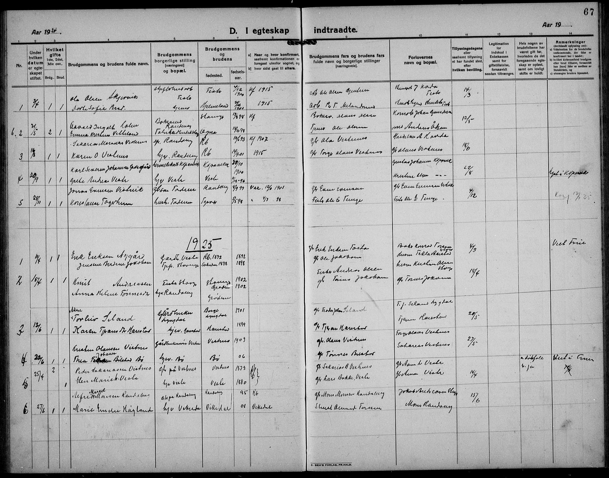 Hetland sokneprestkontor, SAST/A-101826/30/30BB/L0012: Klokkerbok nr. B 12, 1922-1940, s. 67