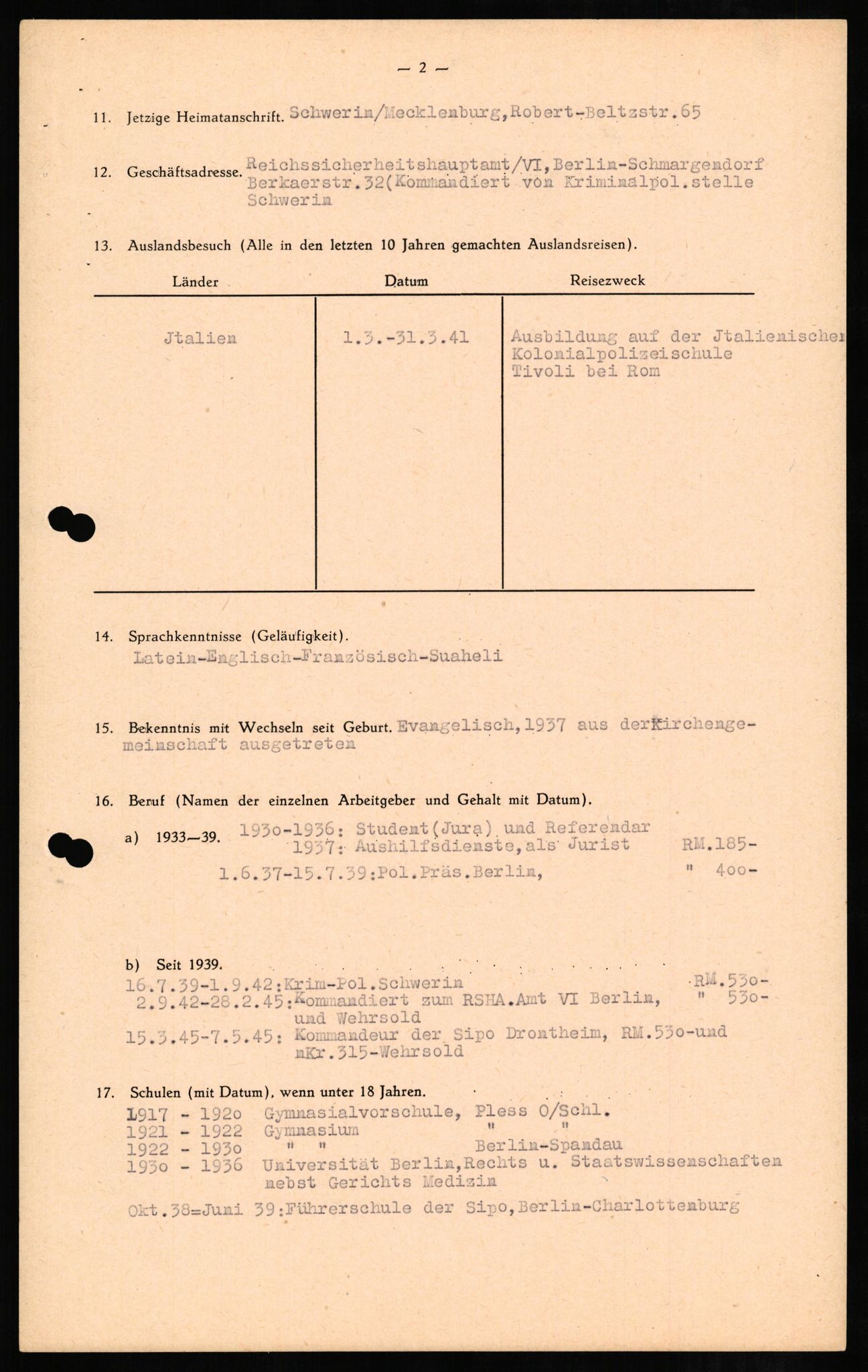 Forsvaret, Forsvarets overkommando II, RA/RAFA-3915/D/Db/L0006: CI Questionaires. Tyske okkupasjonsstyrker i Norge. Tyskere., 1945-1946, s. 378