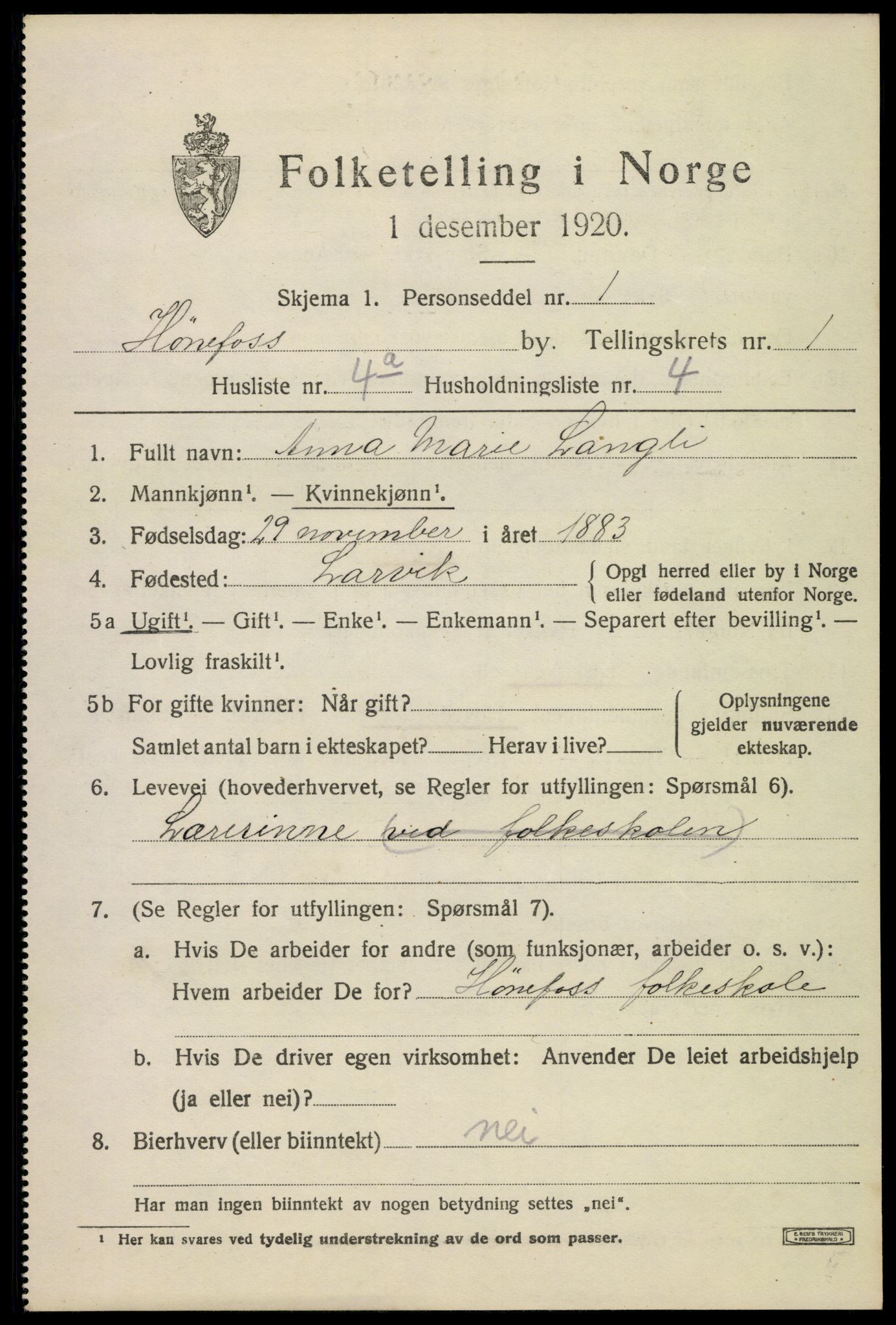 SAKO, Folketelling 1920 for 0601 Hønefoss kjøpstad, 1920, s. 2438