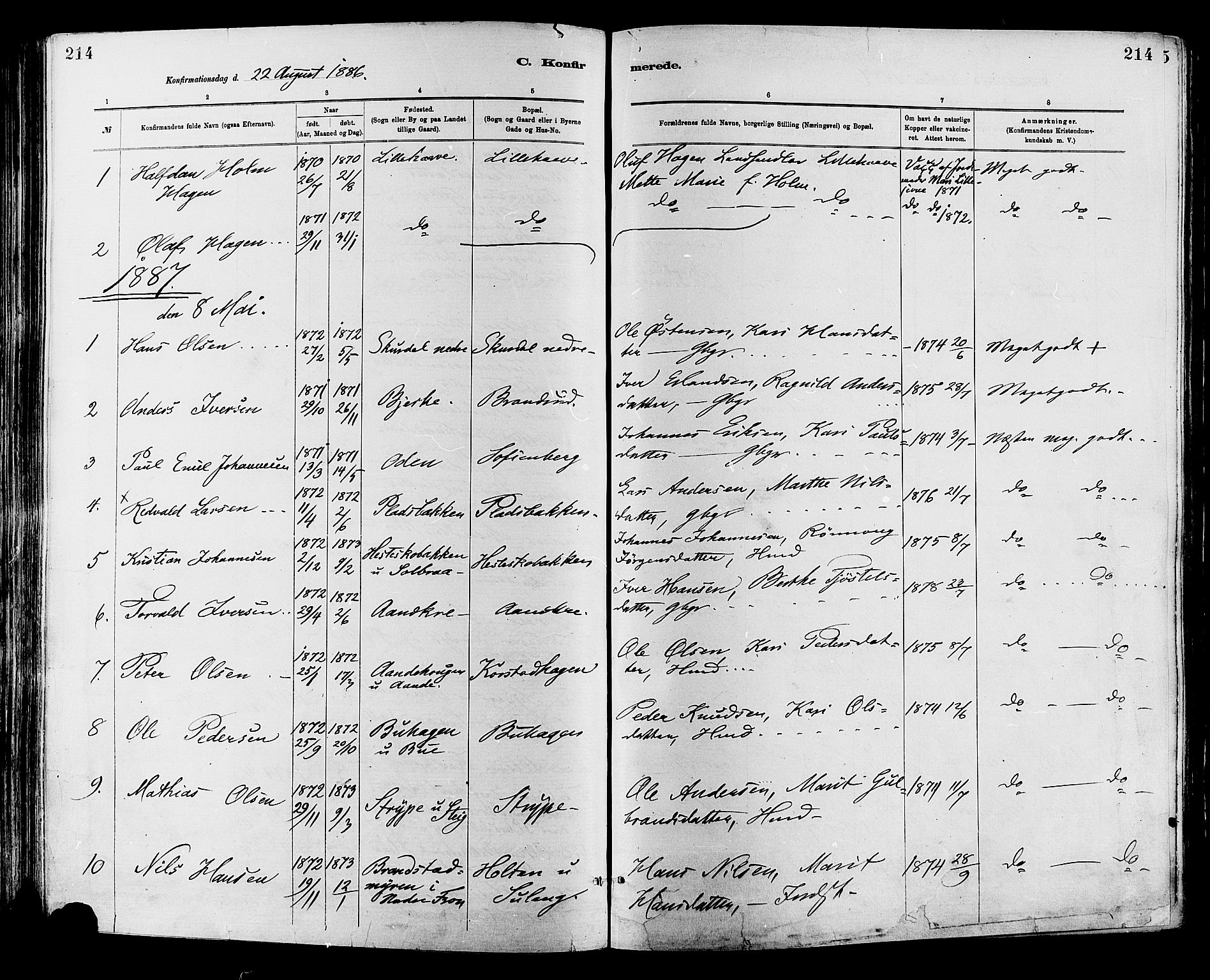 Sør-Fron prestekontor, AV/SAH-PREST-010/H/Ha/Haa/L0003: Ministerialbok nr. 3, 1881-1897, s. 214