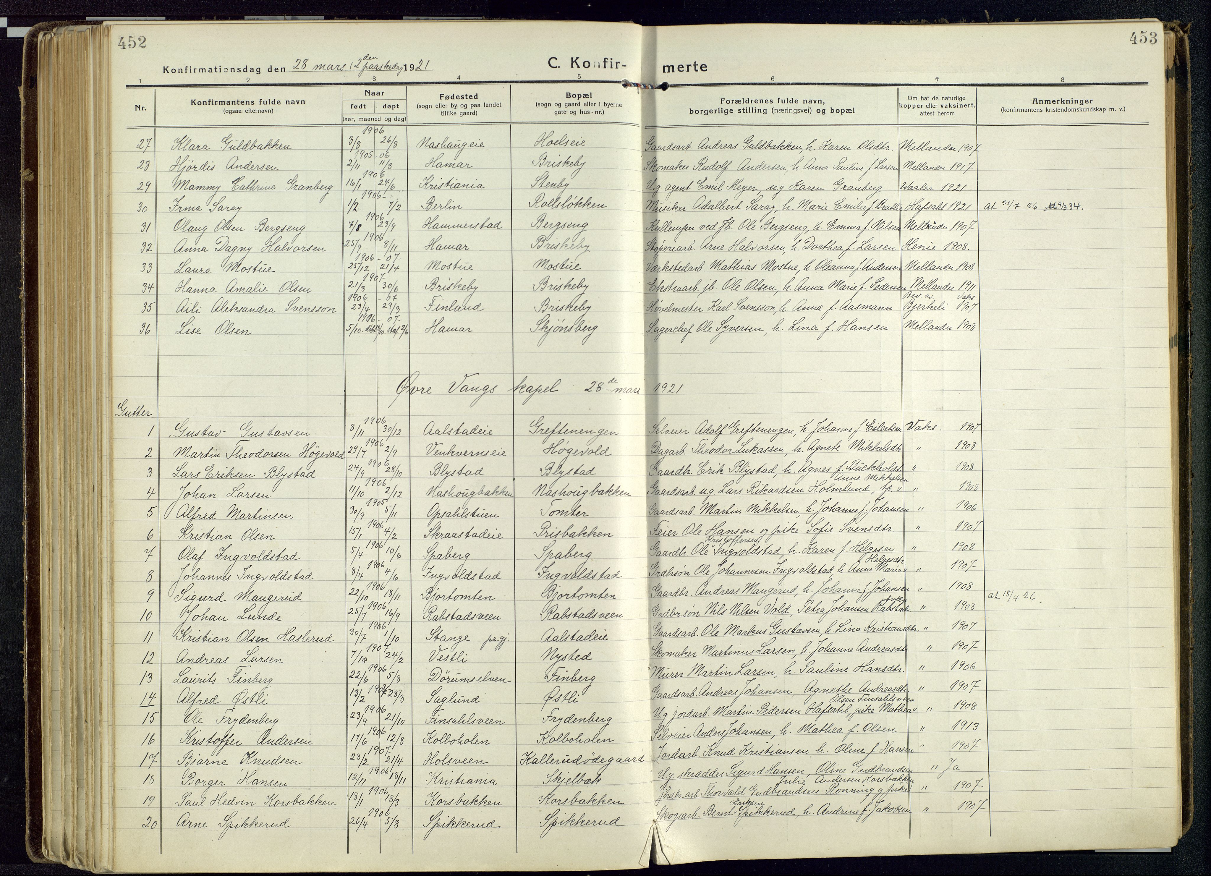 Vang prestekontor, Hedmark, AV/SAH-PREST-008/H/Ha/Haa/L0022: Ministerialbok nr. 22, 1918-1944, s. 452-453