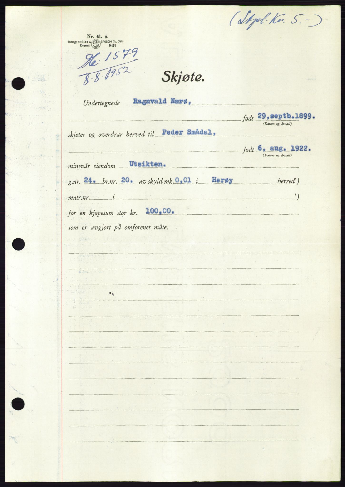 Søre Sunnmøre sorenskriveri, AV/SAT-A-4122/1/2/2C/L0092: Pantebok nr. 18A, 1952-1952, Dagboknr: 1579/1952