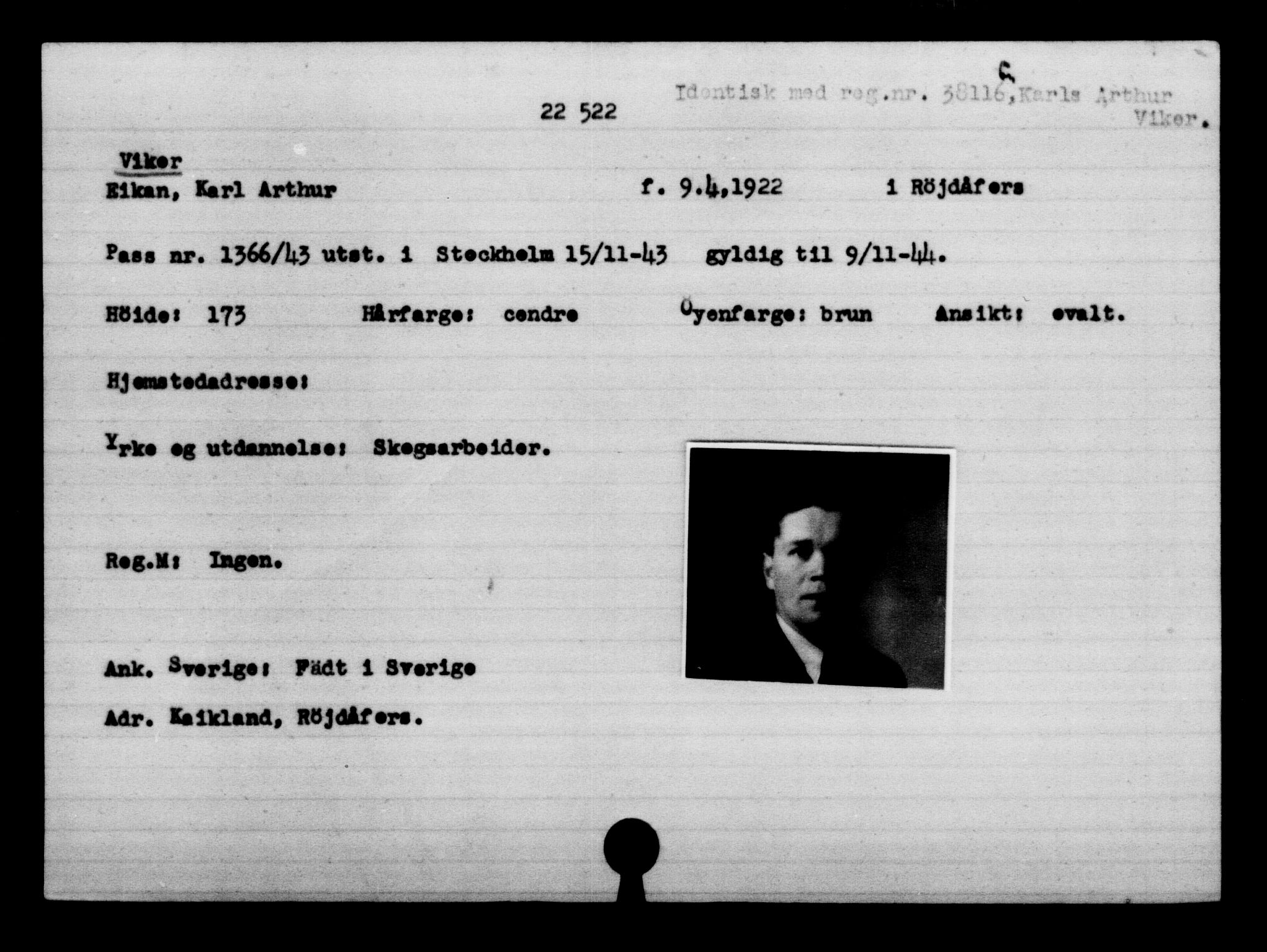 Utenriksstasjonene, Legasjonen i Stockholm, Flyktningkontoret, AV/RA-S-6753/V/Va/L0010: Kjesäterkartoteket, flyktninger med registreringsnr. 22000-25314, 1940-1945, s. 578