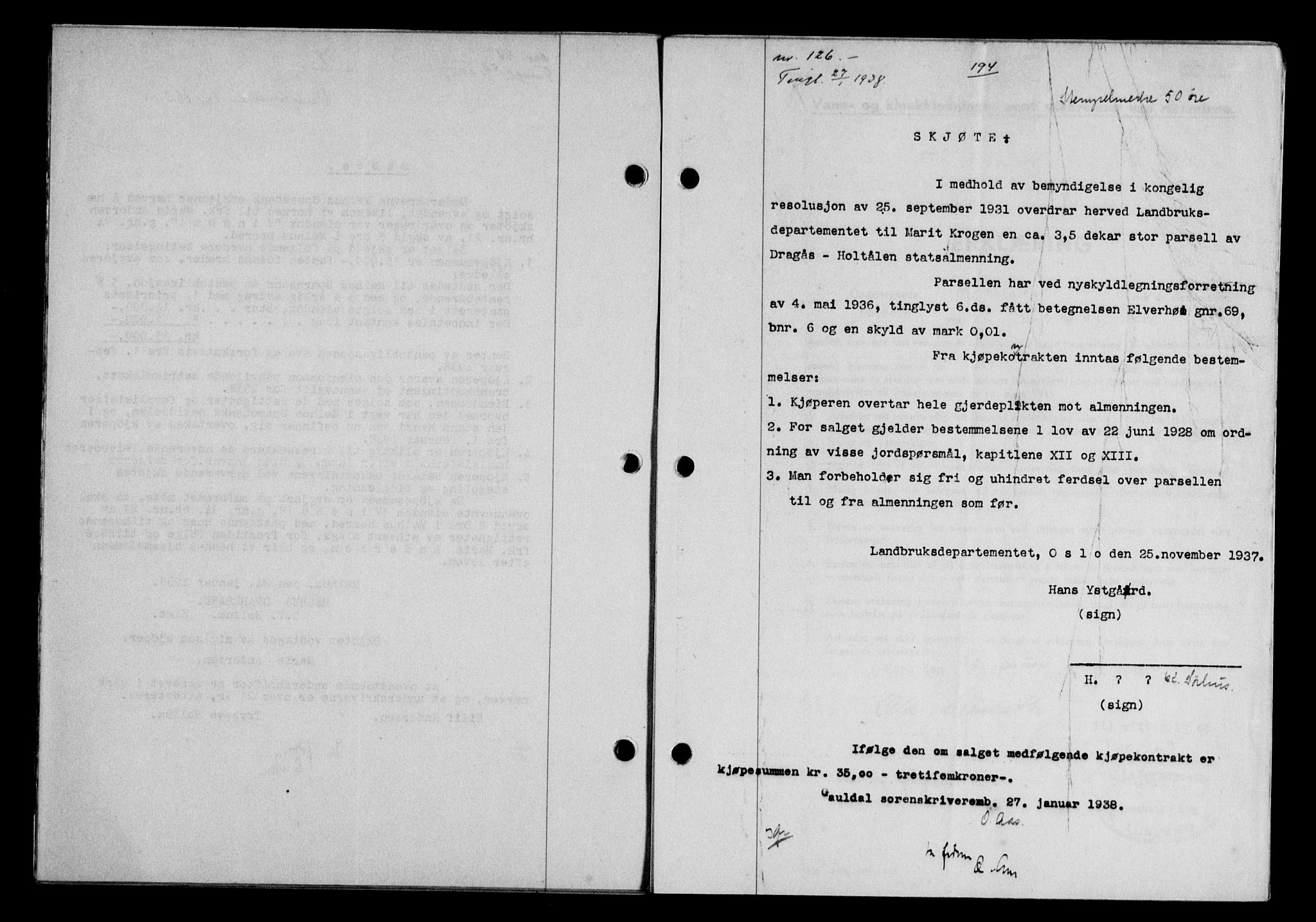 Gauldal sorenskriveri, SAT/A-0014/1/2/2C/L0048: Pantebok nr. 51-52, 1937-1938, s. 194, Dagboknr: 126/1938