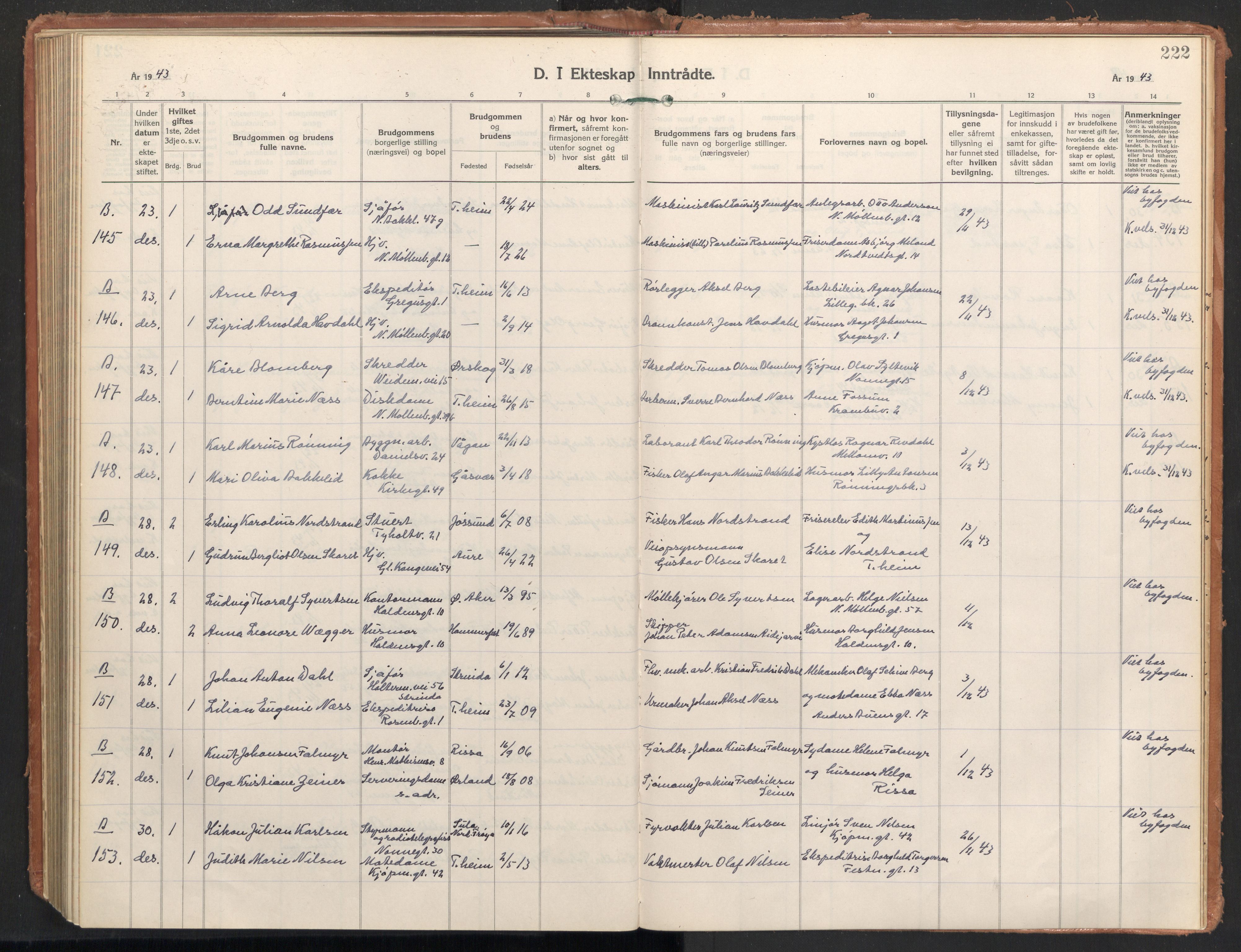 Ministerialprotokoller, klokkerbøker og fødselsregistre - Sør-Trøndelag, AV/SAT-A-1456/604/L0209: Ministerialbok nr. 604A29, 1931-1945, s. 222