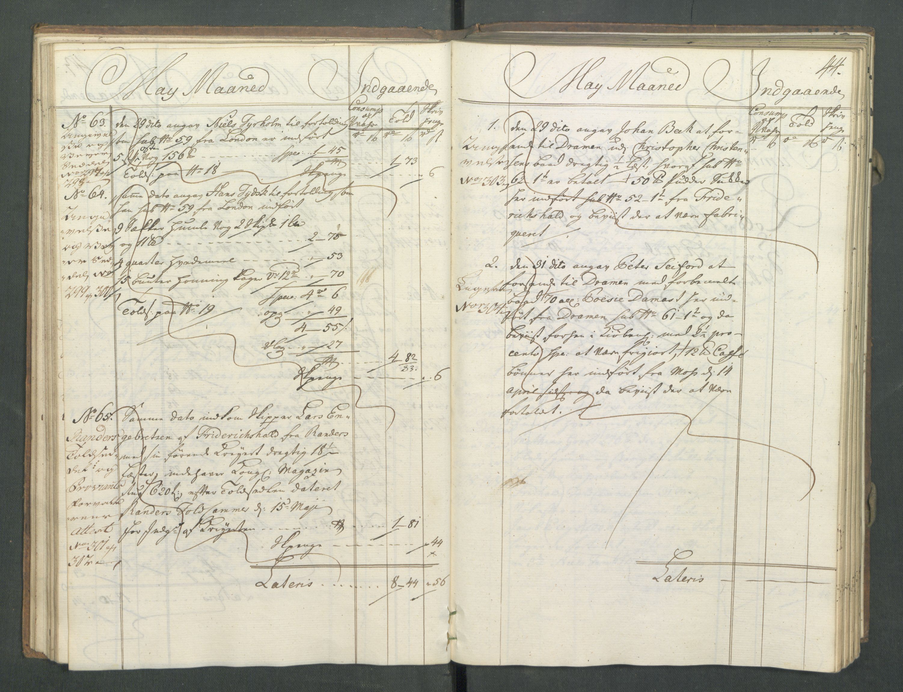 Generaltollkammeret, tollregnskaper, RA/EA-5490/R02/L0022/0001: Tollregnskaper Fredrikstad / Inngående hovedtollbok, 1756, s. 43b-44a