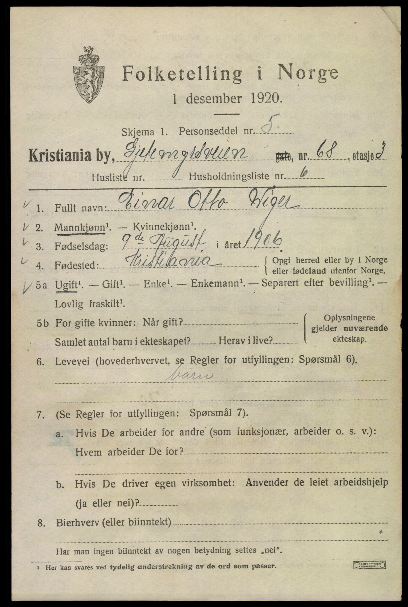 SAO, Folketelling 1920 for 0301 Kristiania kjøpstad, 1920, s. 250125