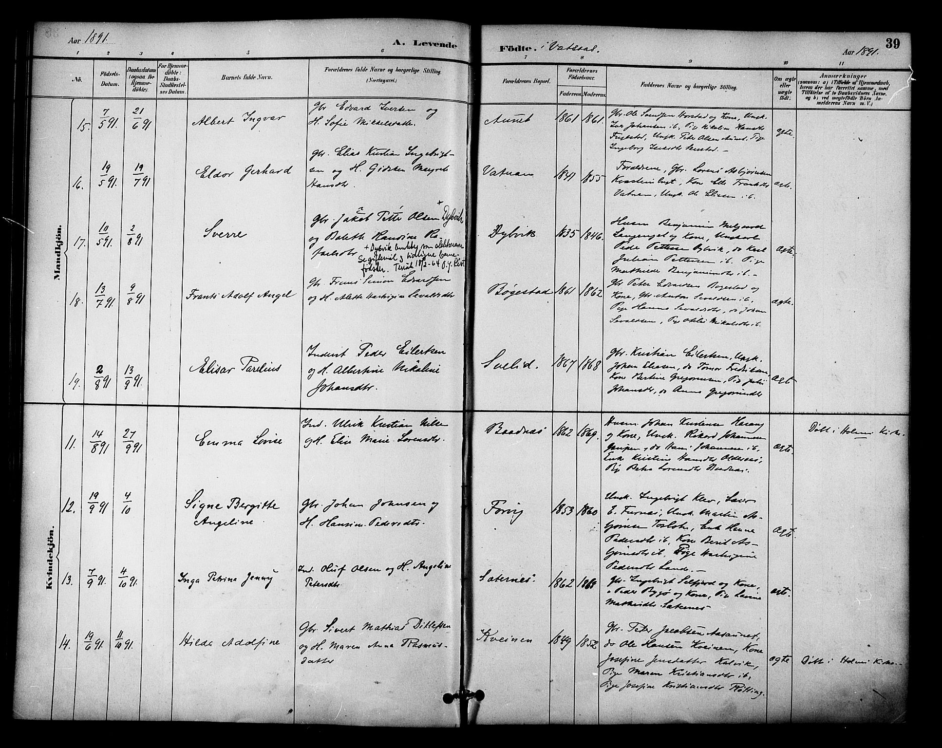 Ministerialprotokoller, klokkerbøker og fødselsregistre - Nordland, AV/SAT-A-1459/810/L0150: Ministerialbok nr. 810A10 /1, 1884-1895, s. 39