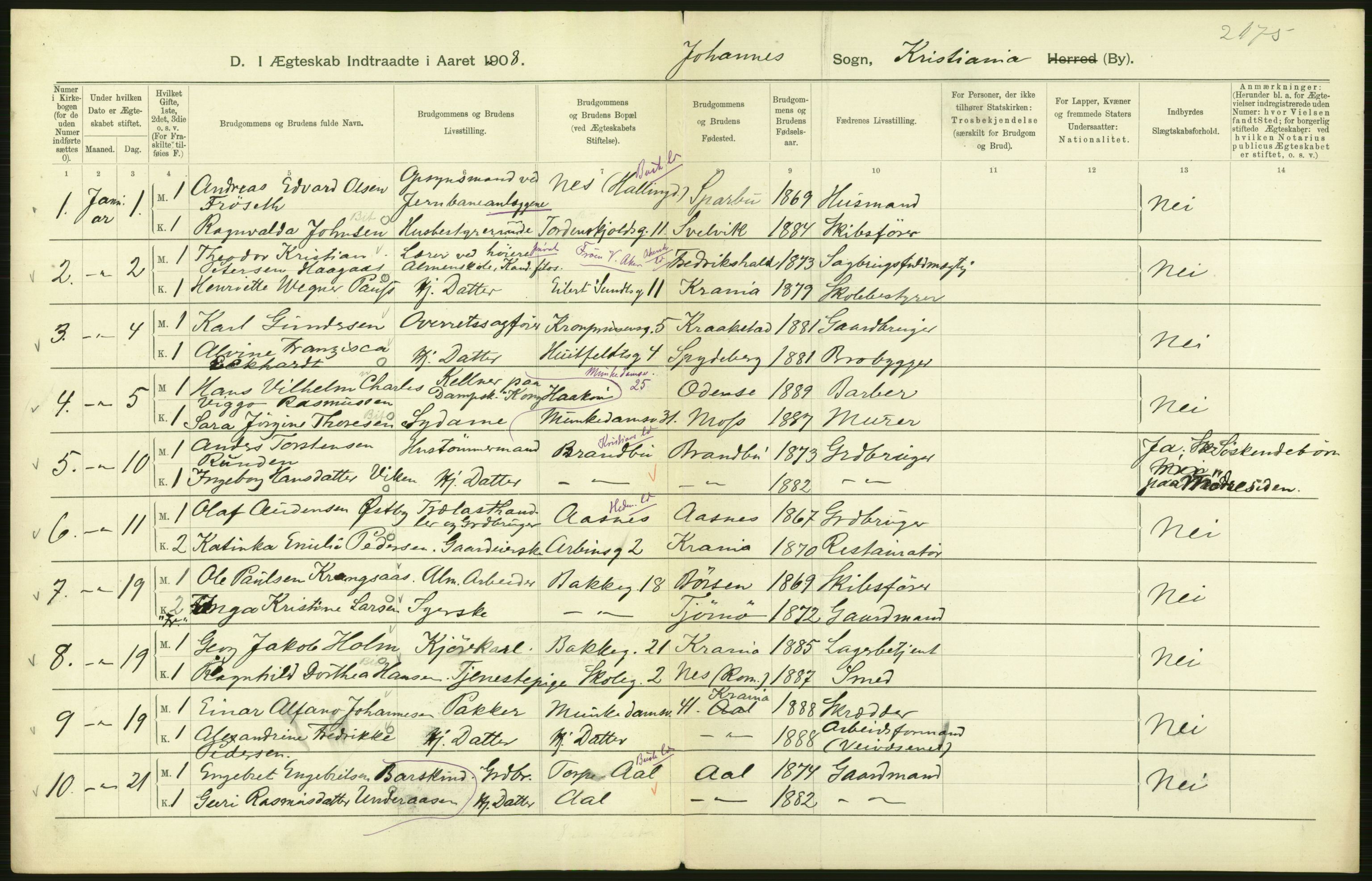 Statistisk sentralbyrå, Sosiodemografiske emner, Befolkning, AV/RA-S-2228/D/Df/Dfa/Dfaf/L0007: Kristiania: Gifte, 1908, s. 330