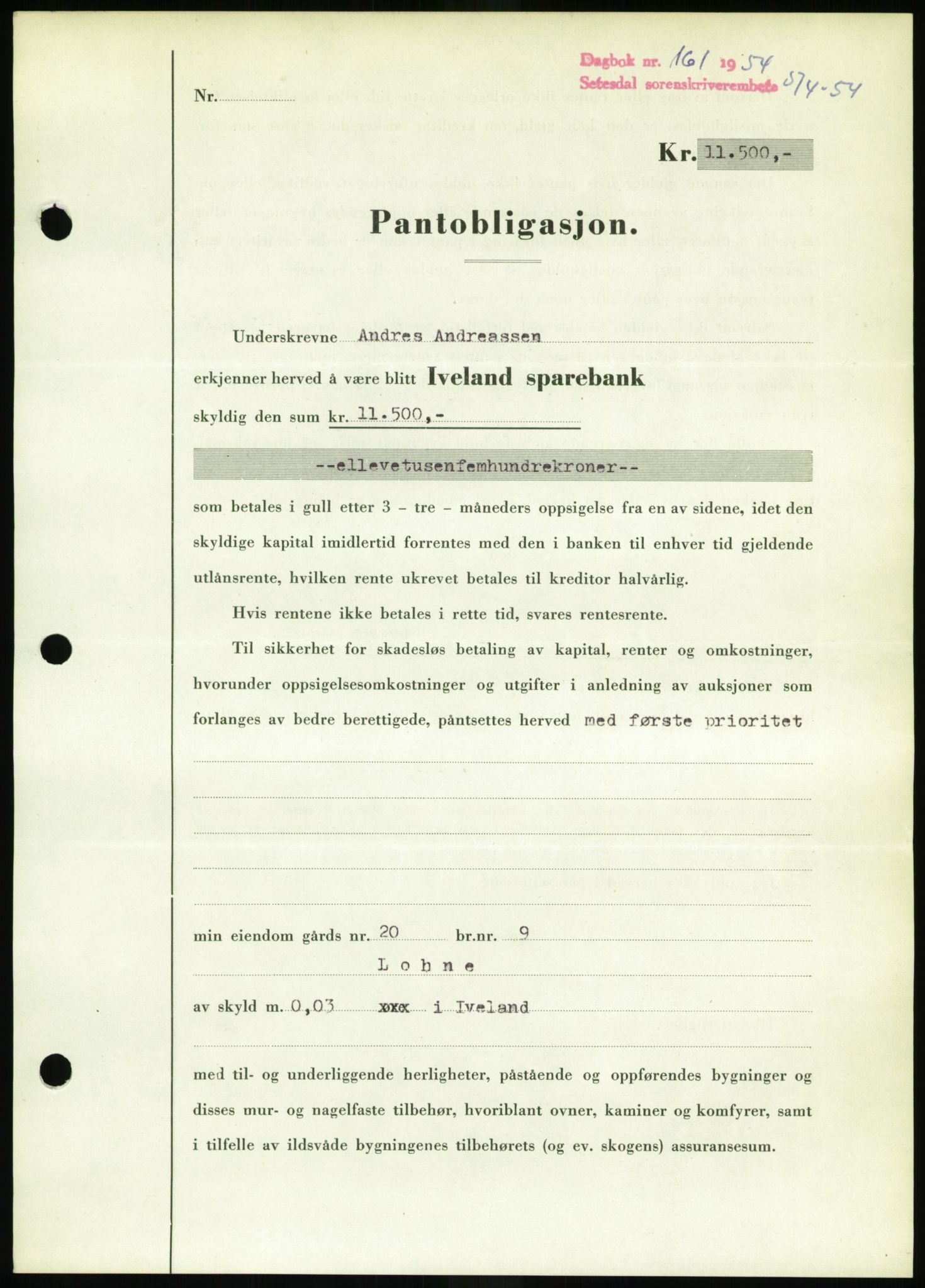 Setesdal sorenskriveri, SAK/1221-0011/G/Gb/L0052: Pantebok nr. B 40, 1954-1955, Dagboknr: 161/1954