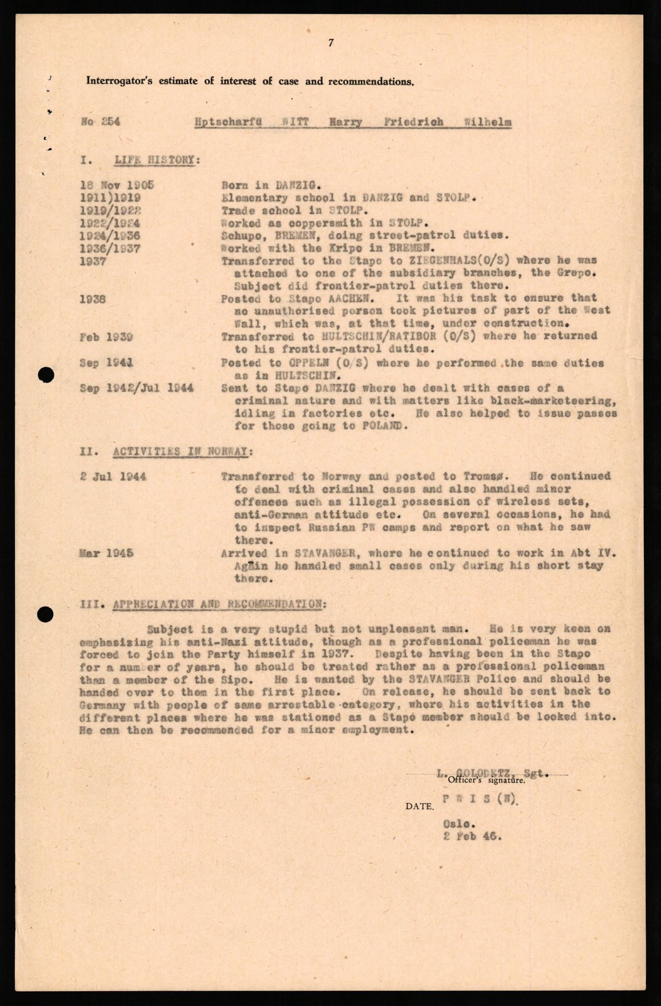 Forsvaret, Forsvarets overkommando II, AV/RA-RAFA-3915/D/Db/L0036: CI Questionaires. Tyske okkupasjonsstyrker i Norge. Tyskere., 1945-1946, s. 334