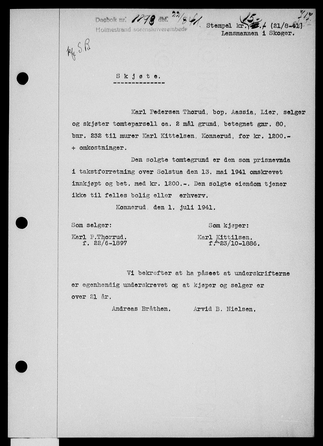 Holmestrand sorenskriveri, SAKO/A-67/G/Ga/Gaa/L0053: Pantebok nr. A-53, 1941-1941, Dagboknr: 1198/1941