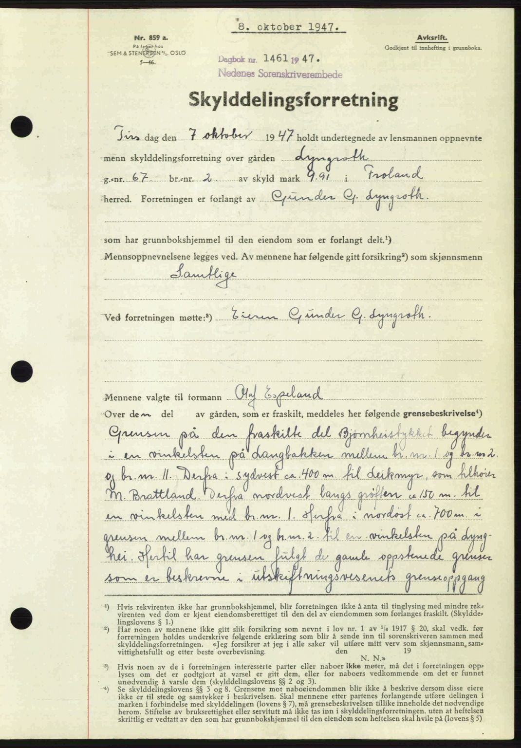 Nedenes sorenskriveri, AV/SAK-1221-0006/G/Gb/Gba/L0058: Pantebok nr. A10, 1947-1948, Dagboknr: 1461/1947