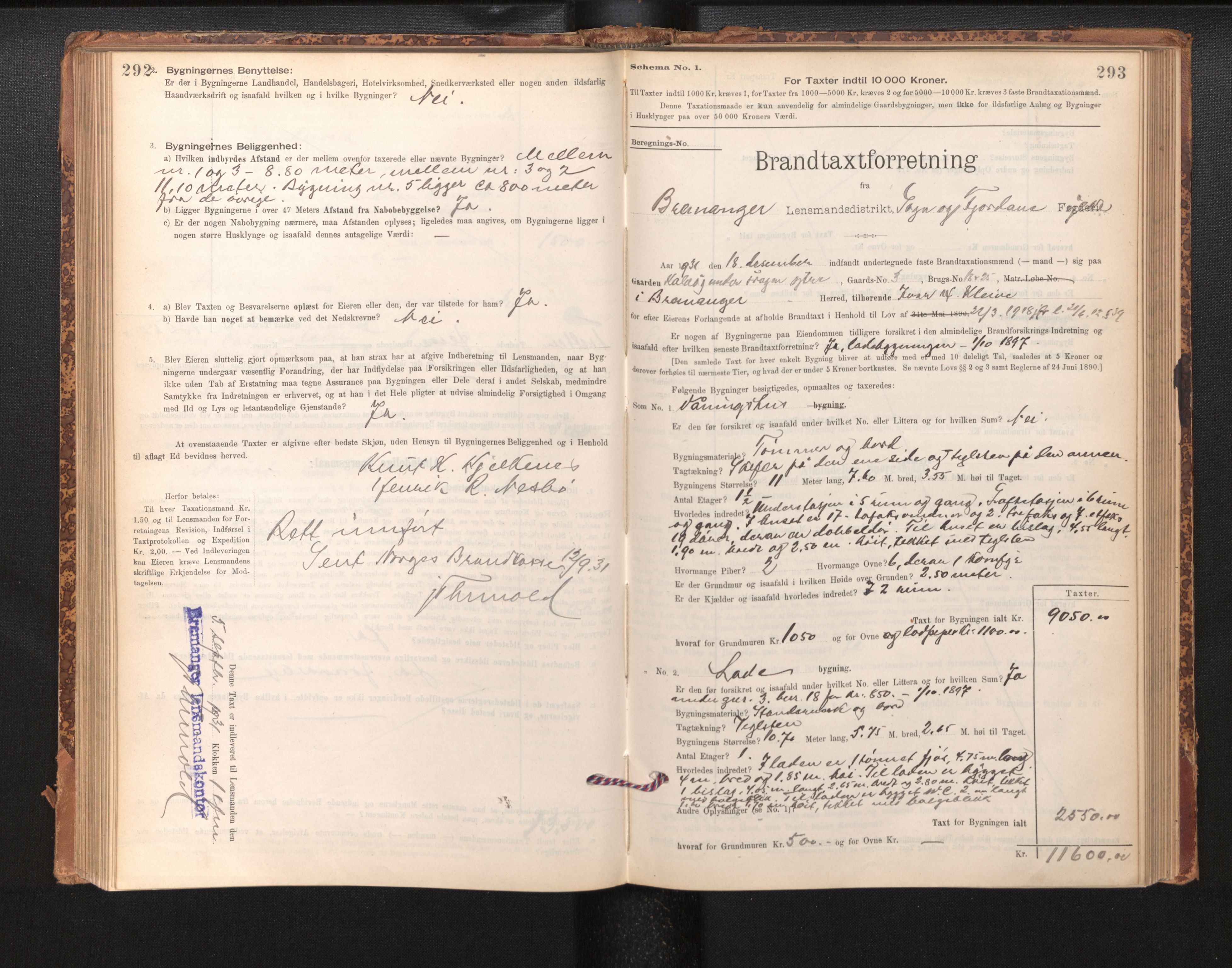 Lensmannen i Bremanger, SAB/A-26701/0012/L0007: Branntakstprotokoll, skjematakst, 1895-1936, s. 292-293