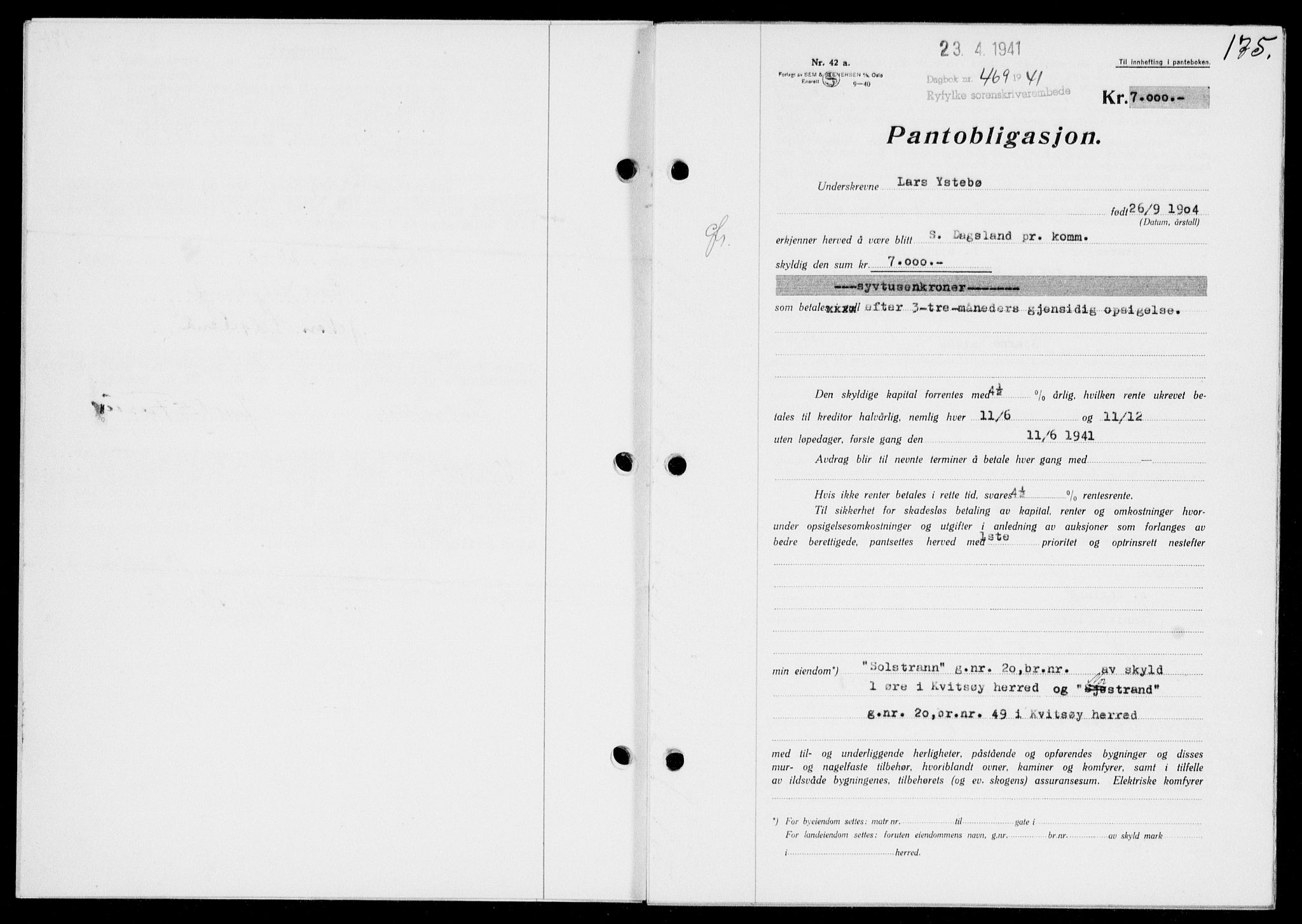 Ryfylke tingrett, SAST/A-100055/001/II/IIB/L0083: Pantebok nr. 62, 1941-1941, Dagboknr: 469/1941