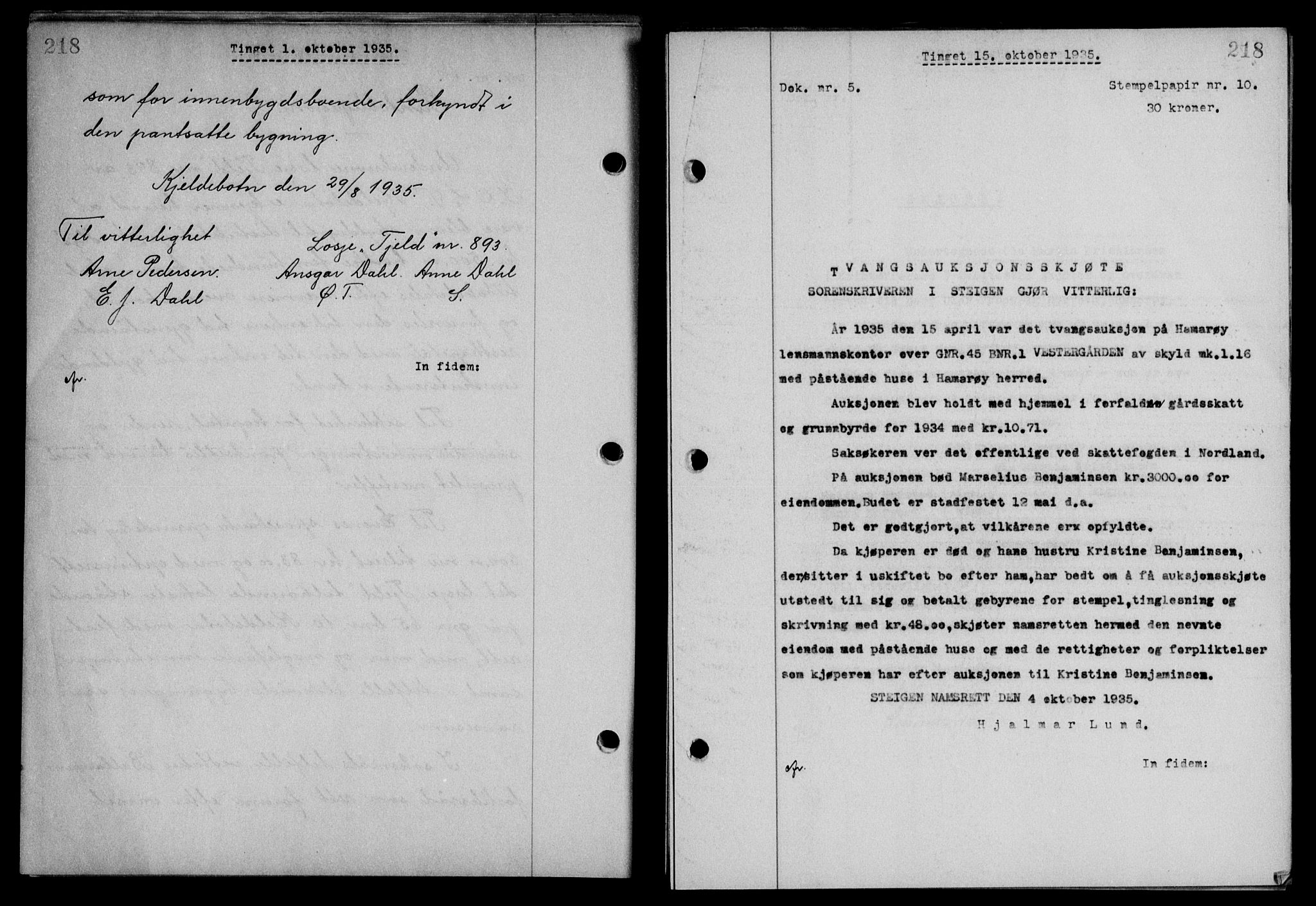 Steigen og Ofoten sorenskriveri, SAT/A-0030/1/2/2C/L0026: Pantebok nr. 30, 1935-1936, Tingl.dato: 15.10.1935