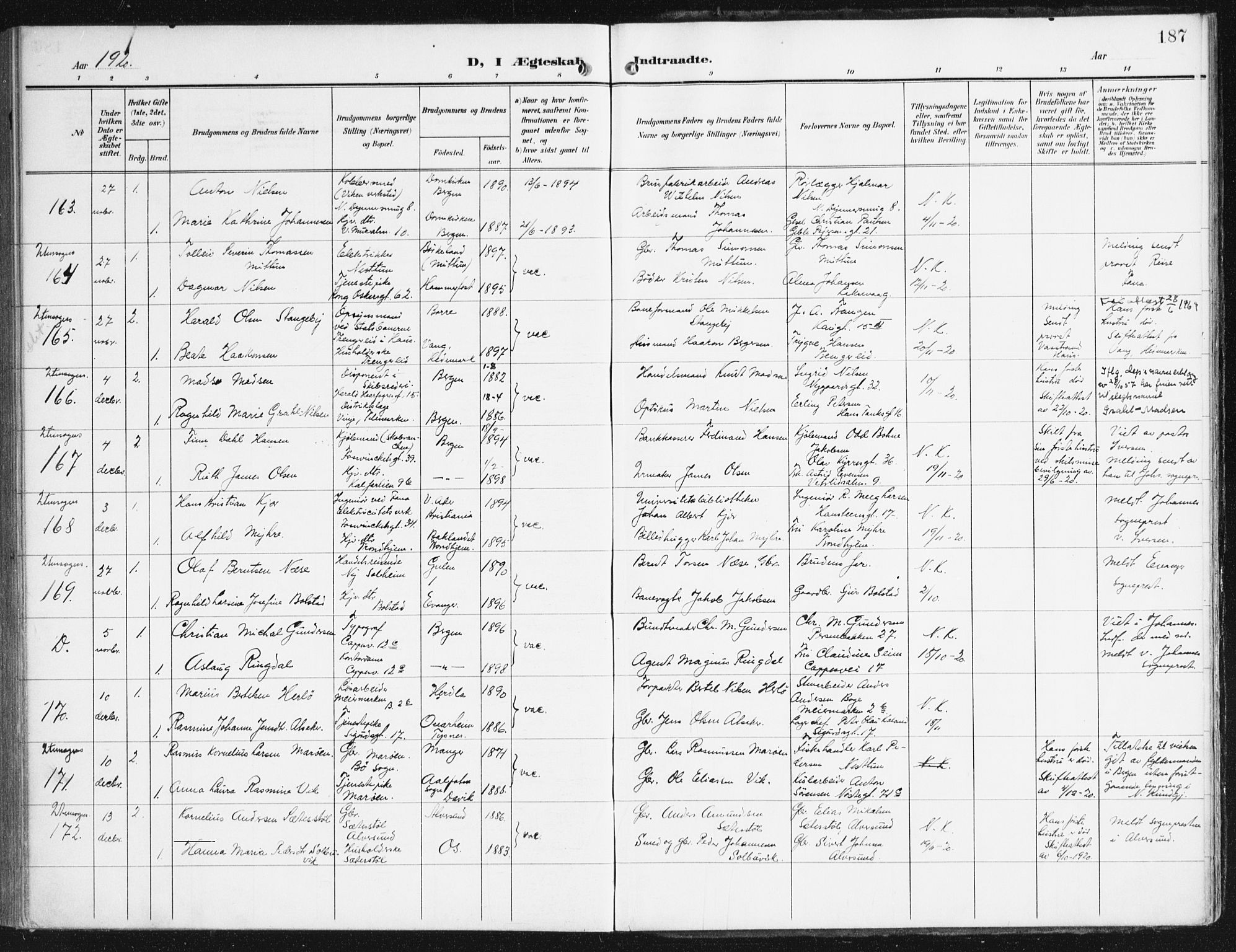 Domkirken sokneprestembete, AV/SAB-A-74801/H/Haa/L0038: Ministerialbok nr. D 5, 1906-1921, s. 187