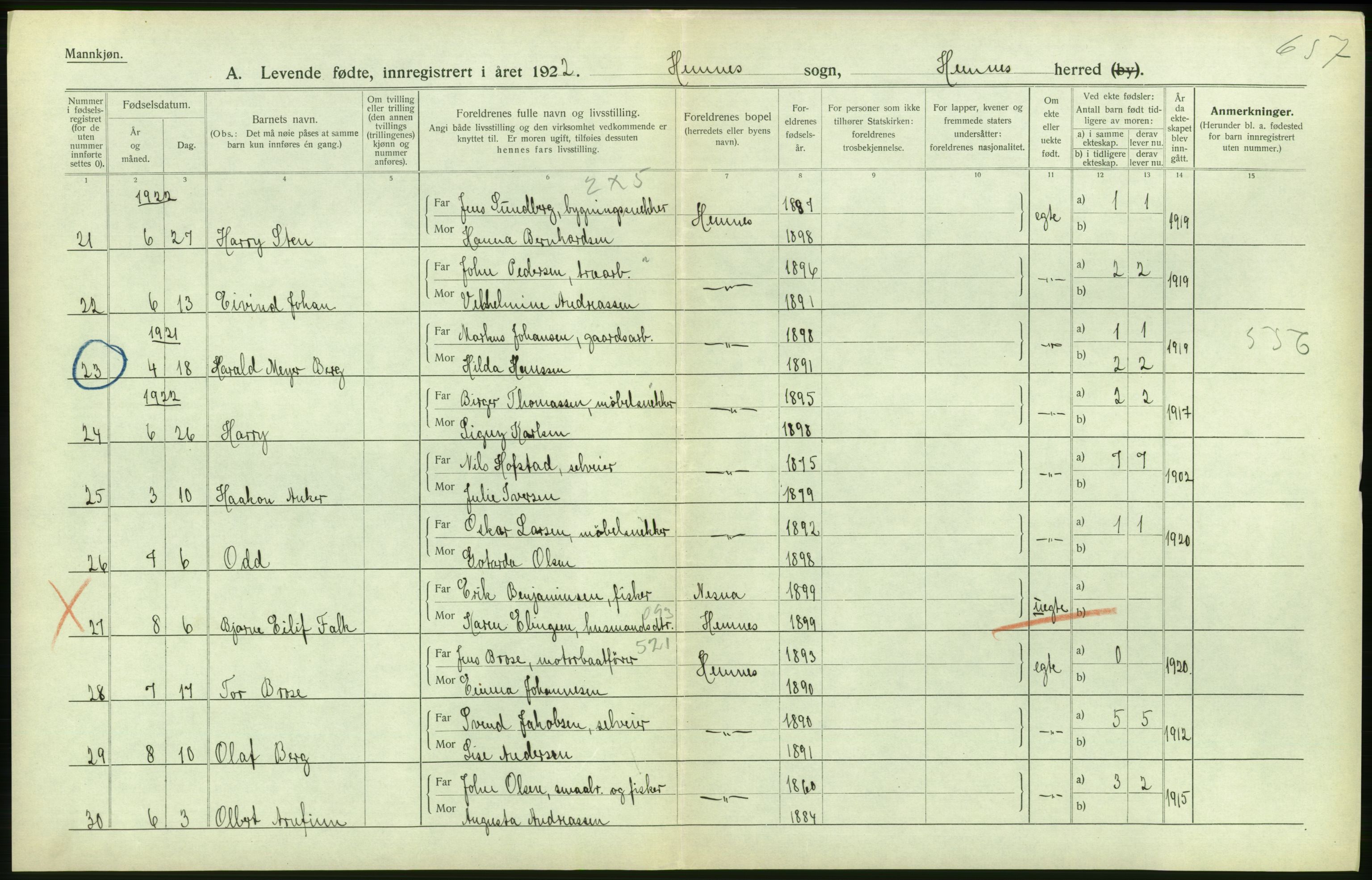 Statistisk sentralbyrå, Sosiodemografiske emner, Befolkning, AV/RA-S-2228/D/Df/Dfc/Dfcb/L0044: Nordland fylke: Levendefødte menn og kvinner. Bygder og byer., 1922, s. 240