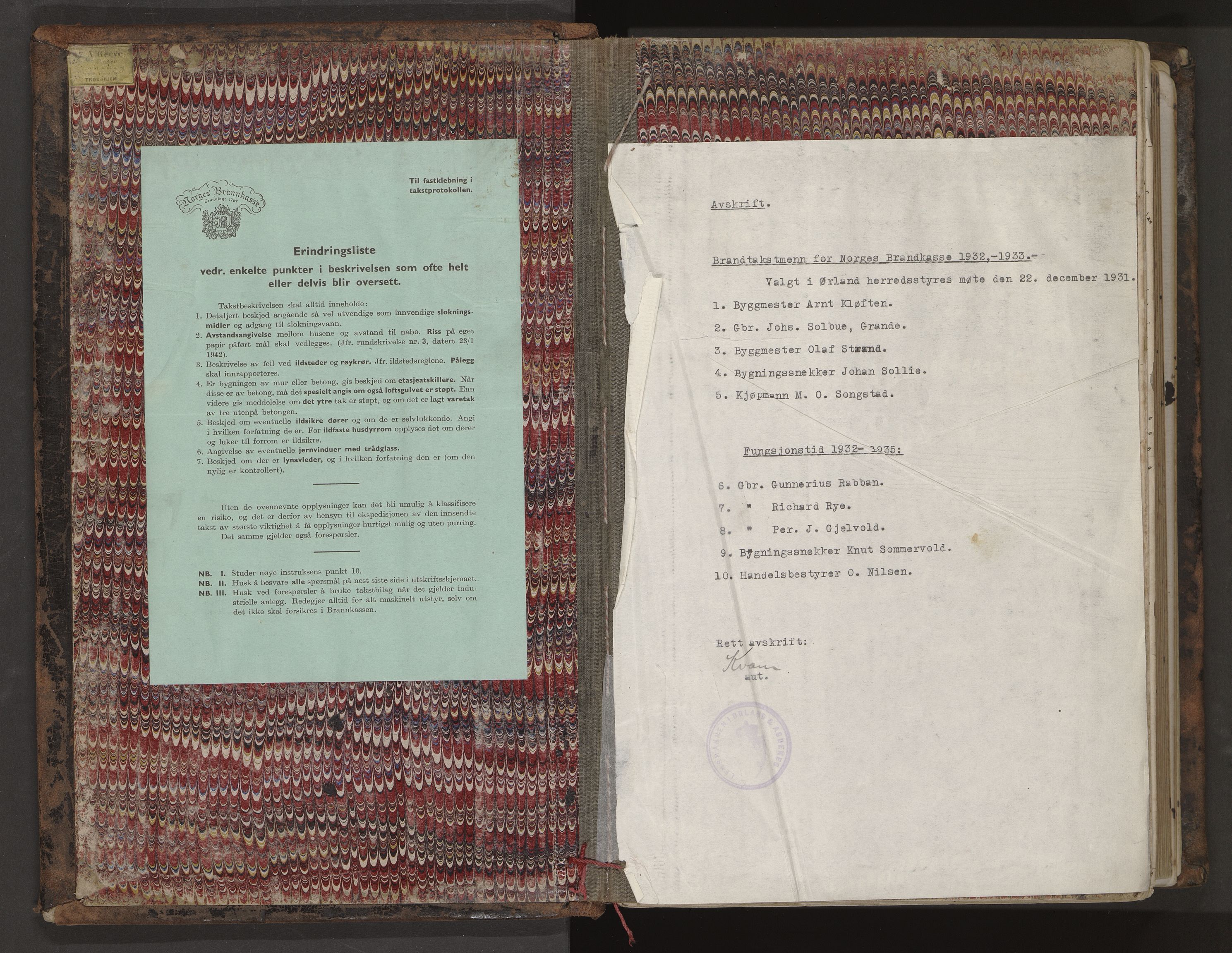 Norges Brannkasse Ørland, SAT/A-5518/Fa/L0001: Branntakstprotokoll med tekst, 1878-1946