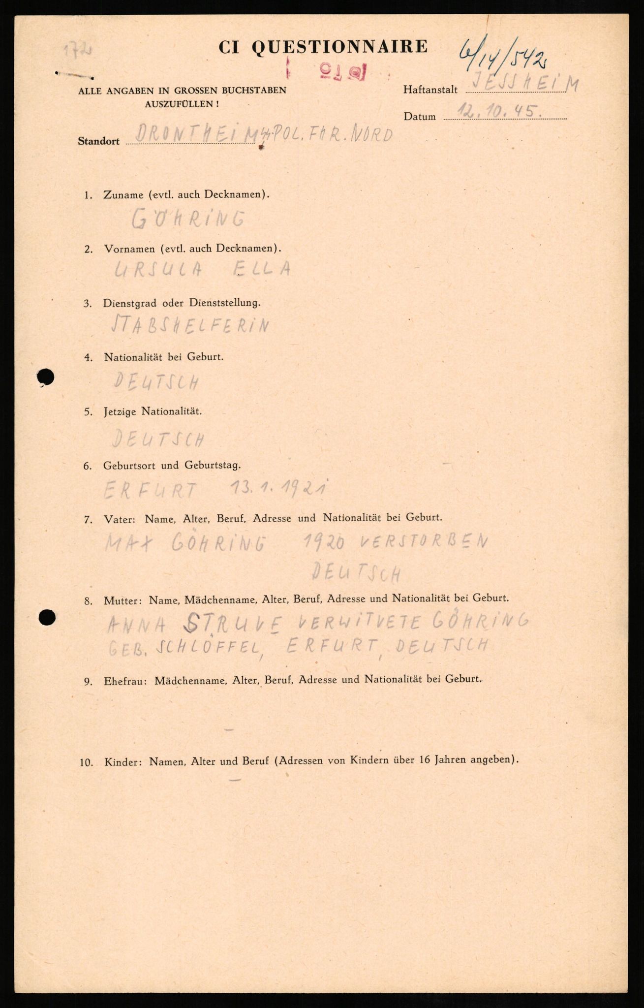 Forsvaret, Forsvarets overkommando II, RA/RAFA-3915/D/Db/L0011: CI Questionaires. Tyske okkupasjonsstyrker i Norge. Tyskere., 1945-1946, s. 27