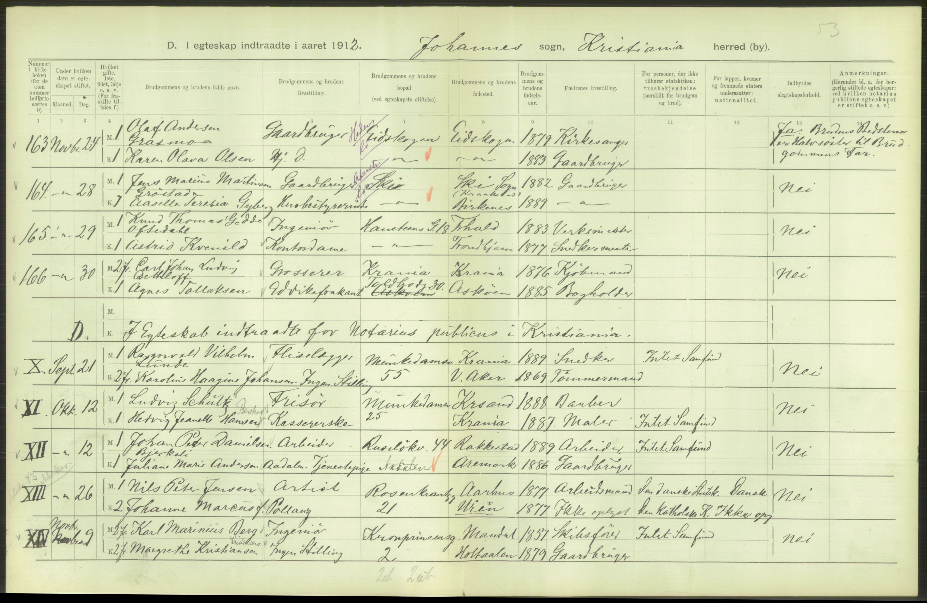 Statistisk sentralbyrå, Sosiodemografiske emner, Befolkning, RA/S-2228/D/Df/Dfb/Dfbb/L0008: Kristiania: Gifte, 1912, s. 670