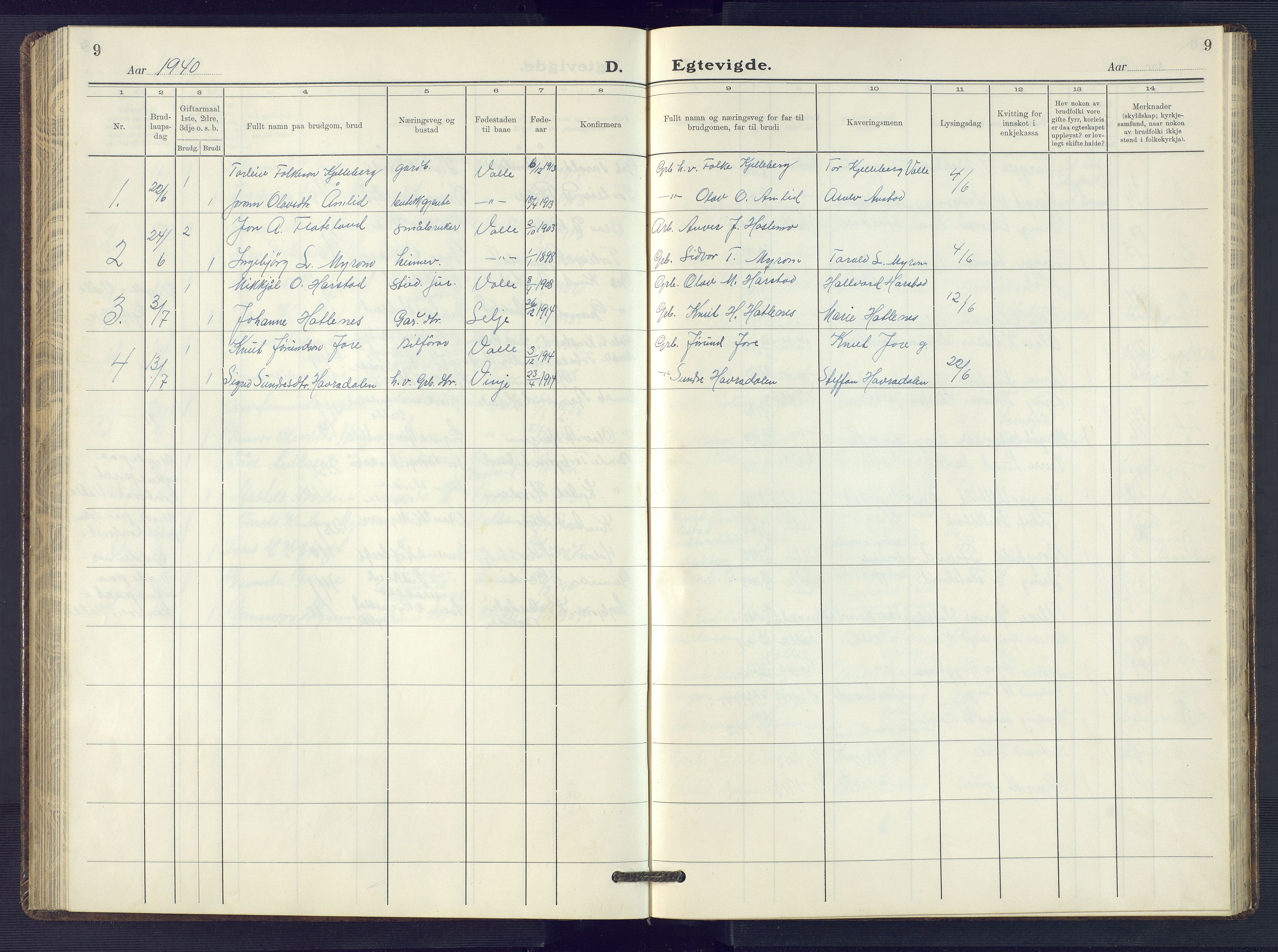 Valle sokneprestkontor, AV/SAK-1111-0044/F/Fb/Fbc/L0005: Klokkerbok nr. B 5, 1929-1981, s. 9