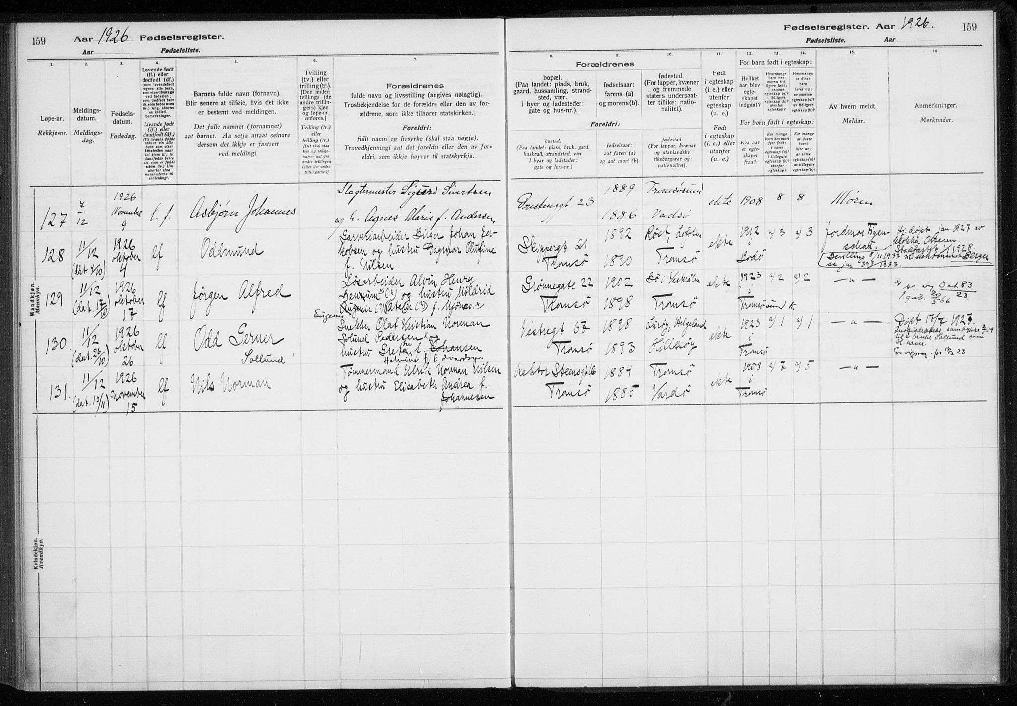 Tromsø sokneprestkontor/stiftsprosti/domprosti, AV/SATØ-S-1343/H/Ha/L0132: Fødselsregister nr. 132, 1921-1927, s. 159