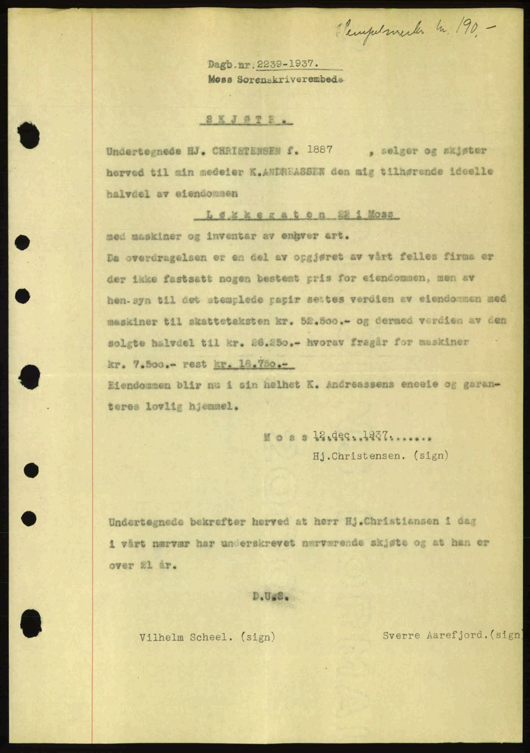 Moss sorenskriveri, SAO/A-10168: Pantebok nr. A3, 1937-1938, Dagboknr: 2239/1937