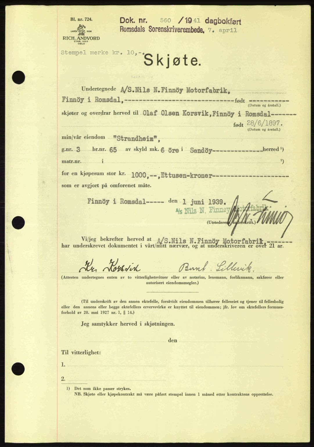 Romsdal sorenskriveri, SAT/A-4149/1/2/2C: Pantebok nr. A9, 1940-1941, Dagboknr: 560/1941
