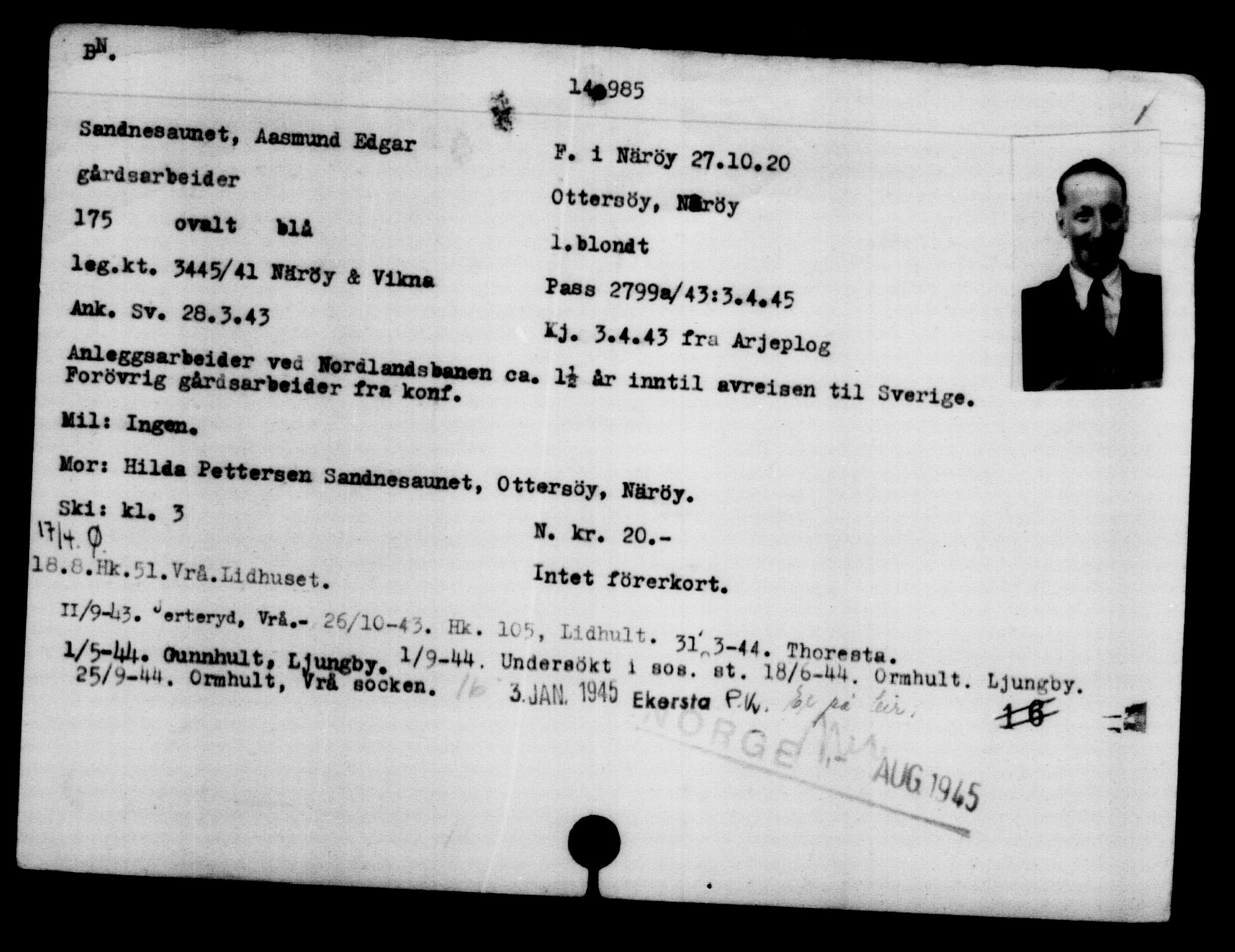 Den Kgl. Norske Legasjons Flyktningskontor, AV/RA-S-6753/V/Va/L0007: Kjesäterkartoteket.  Flyktningenr. 12700-15723, 1940-1945, s. 2625