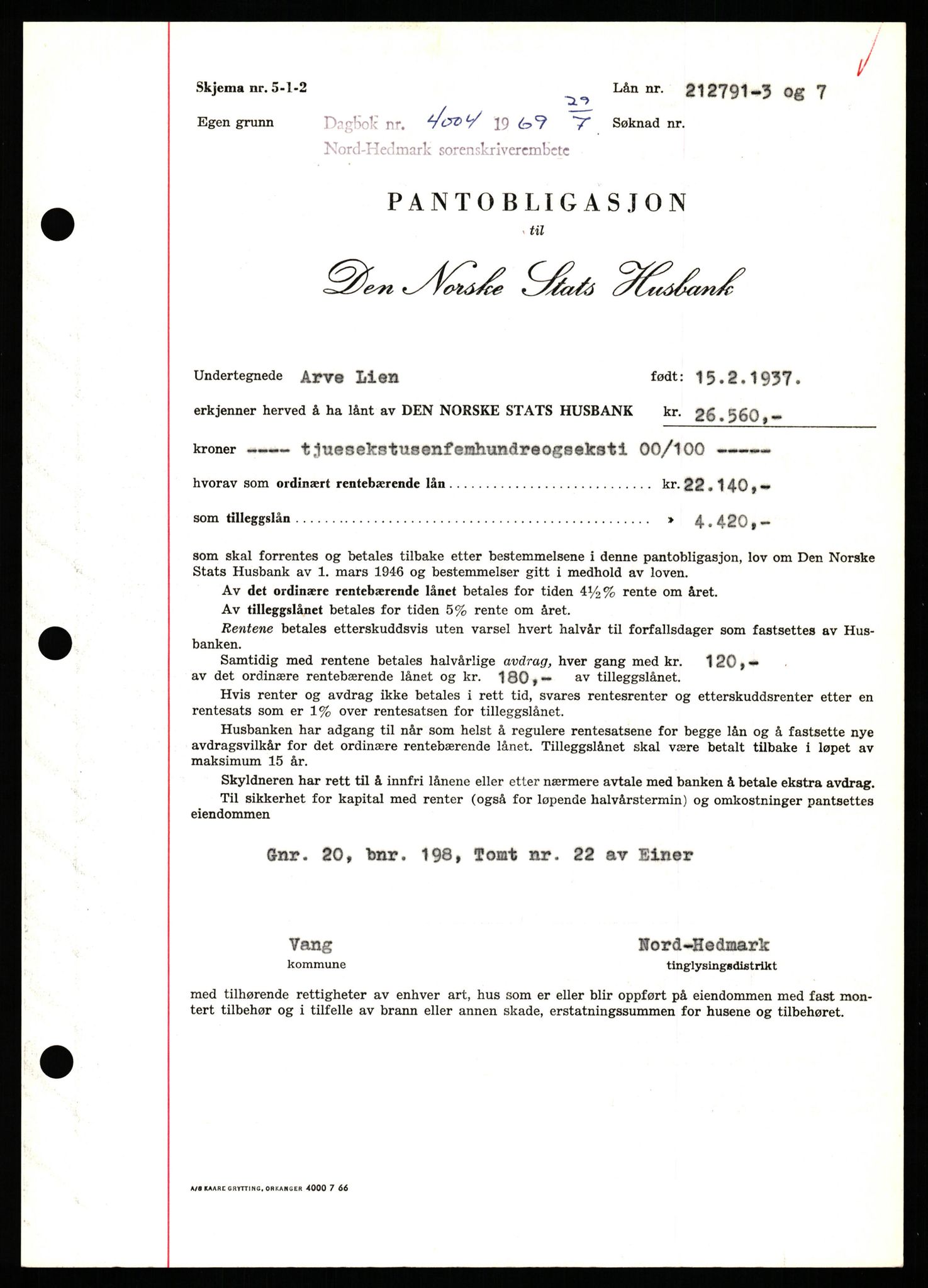 Nord-Hedmark sorenskriveri, SAH/TING-012/H/Hb/Hbf/L0080: Pantebok nr. B80, 1969-1969, Dagboknr: 4004/1969
