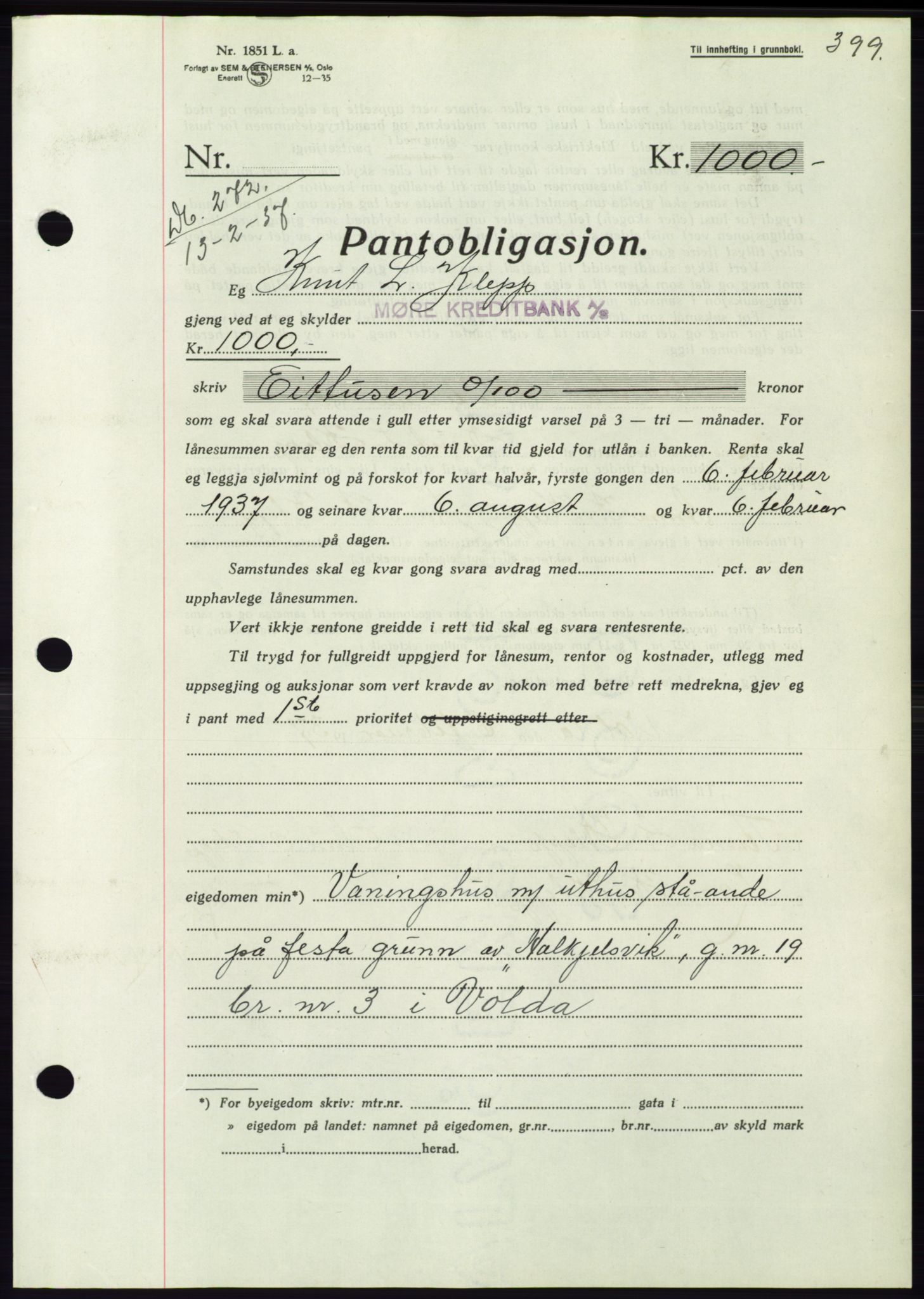 Søre Sunnmøre sorenskriveri, AV/SAT-A-4122/1/2/2C/L0062: Pantebok nr. 56, 1936-1937, Dagboknr: 272/1937