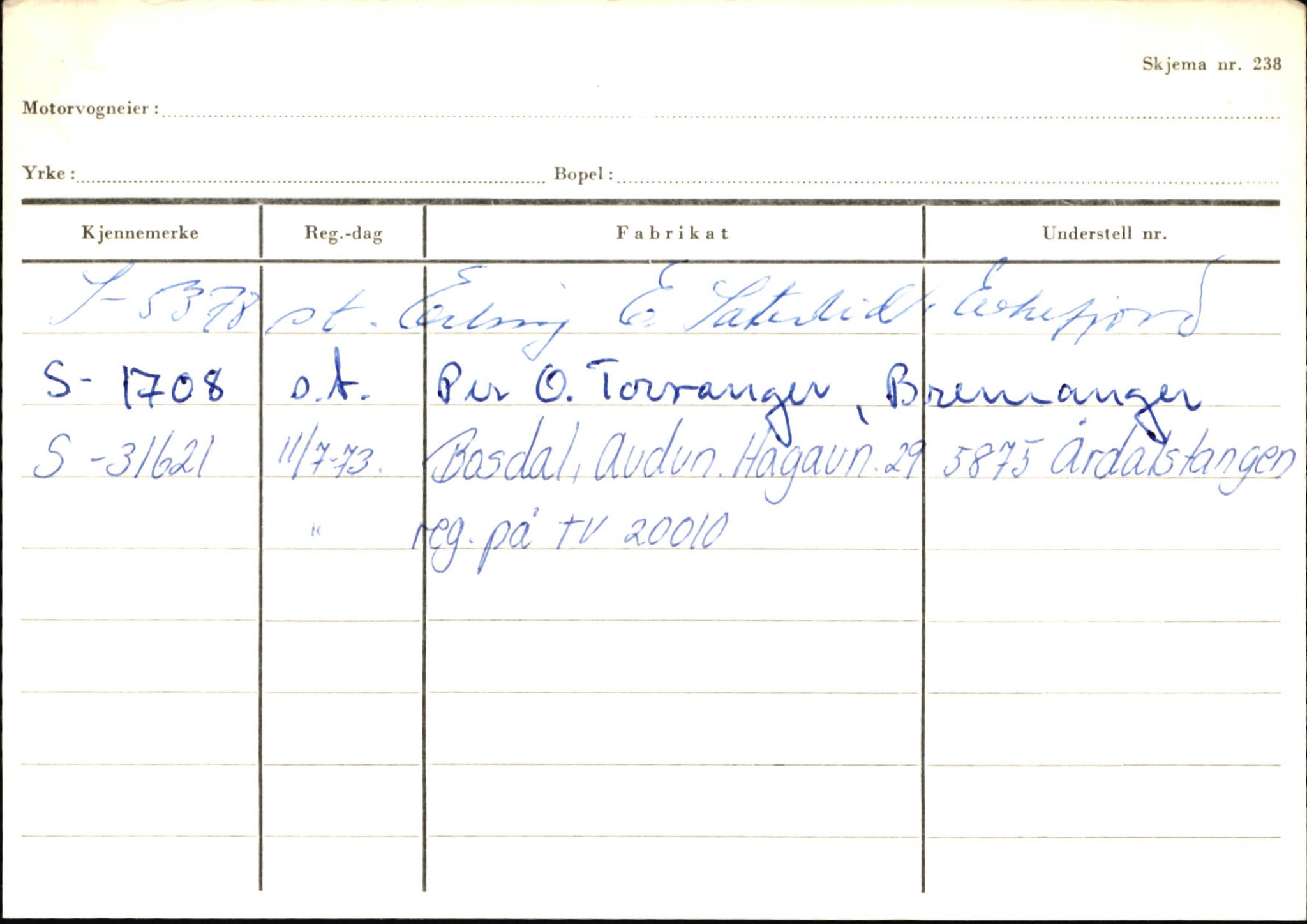 Statens vegvesen, Sogn og Fjordane vegkontor, SAB/A-5301/4/F/L0146: Registerkort Årdal R-Å samt diverse kort, 1945-1975, s. 485