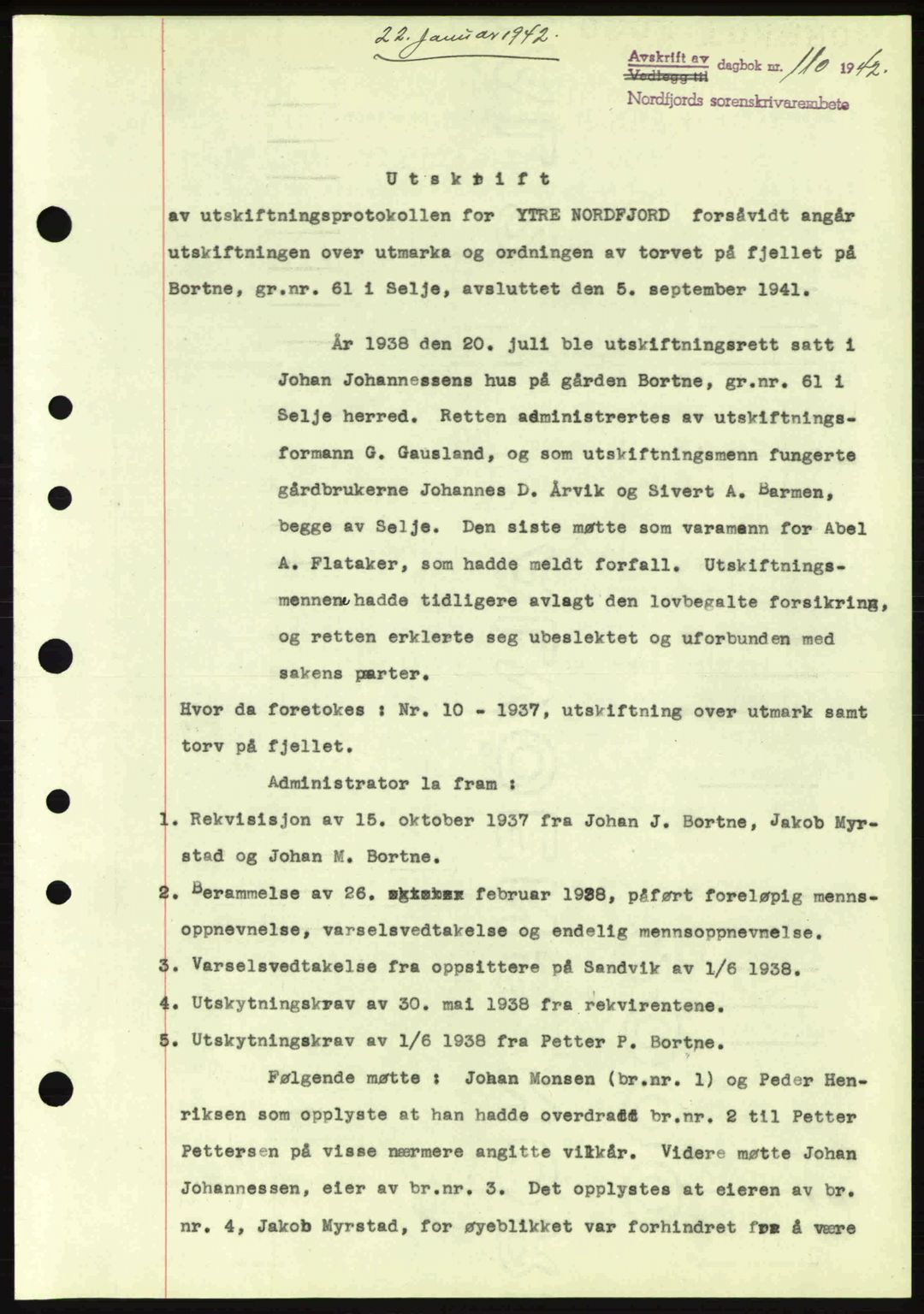 Nordfjord sorenskriveri, SAB/A-2801/02/02b/02bj/L0007: Pantebok nr. A7, 1941-1943, Dagboknr: 110/1942