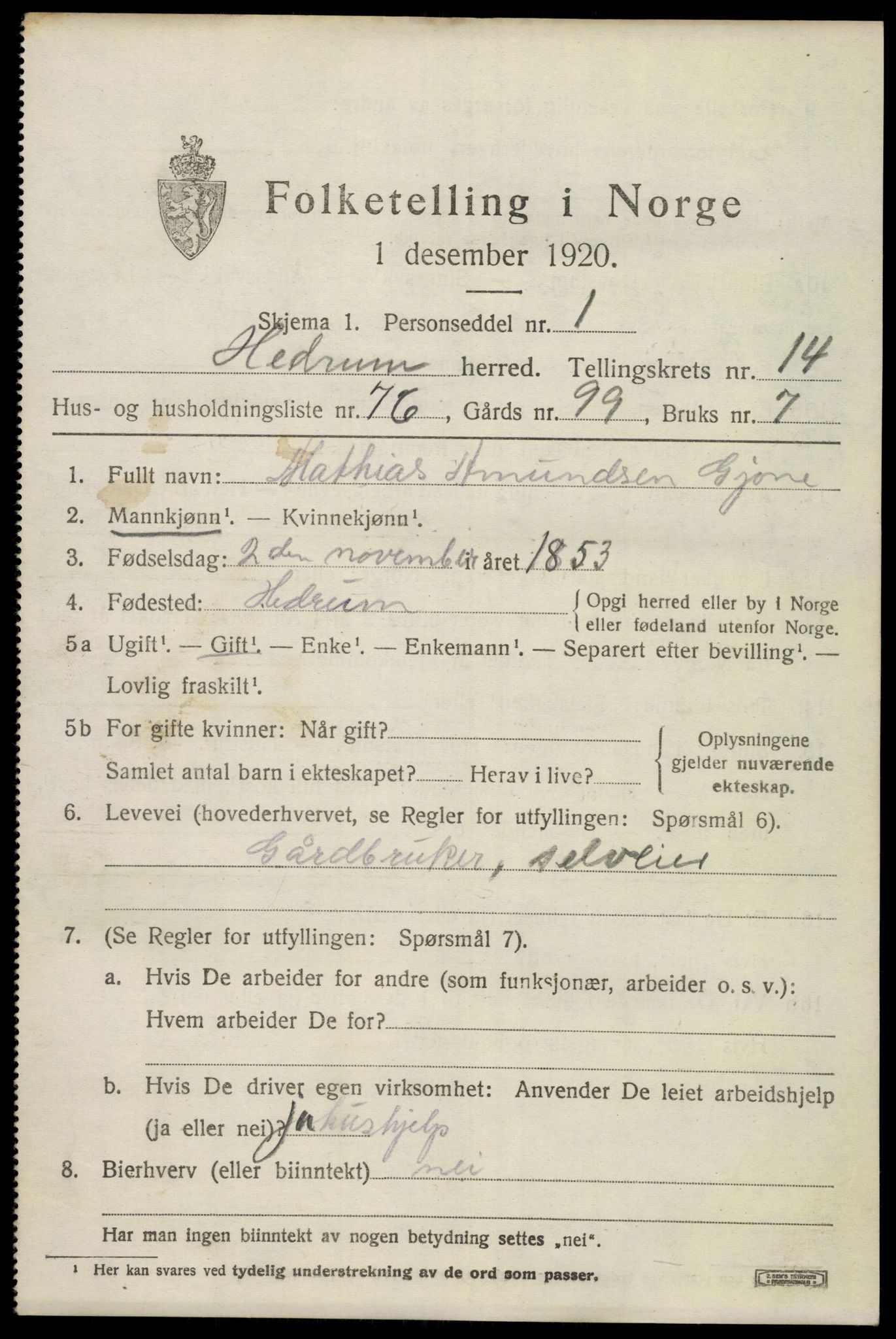 SAKO, Folketelling 1920 for 0727 Hedrum herred, 1920, s. 9871
