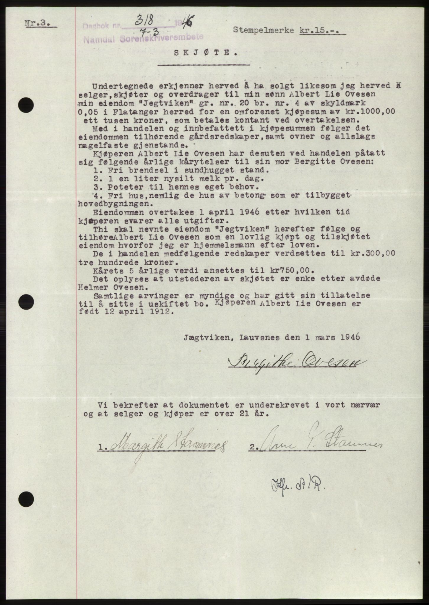 Namdal sorenskriveri, SAT/A-4133/1/2/2C: Pantebok nr. -, 1946-1946, Dagboknr: 318/1946