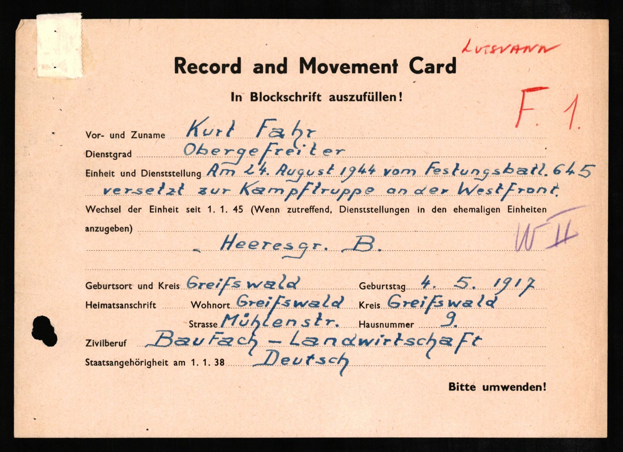 Forsvaret, Forsvarets overkommando II, RA/RAFA-3915/D/Db/L0007: CI Questionaires. Tyske okkupasjonsstyrker i Norge. Tyskere., 1945-1946, s. 398