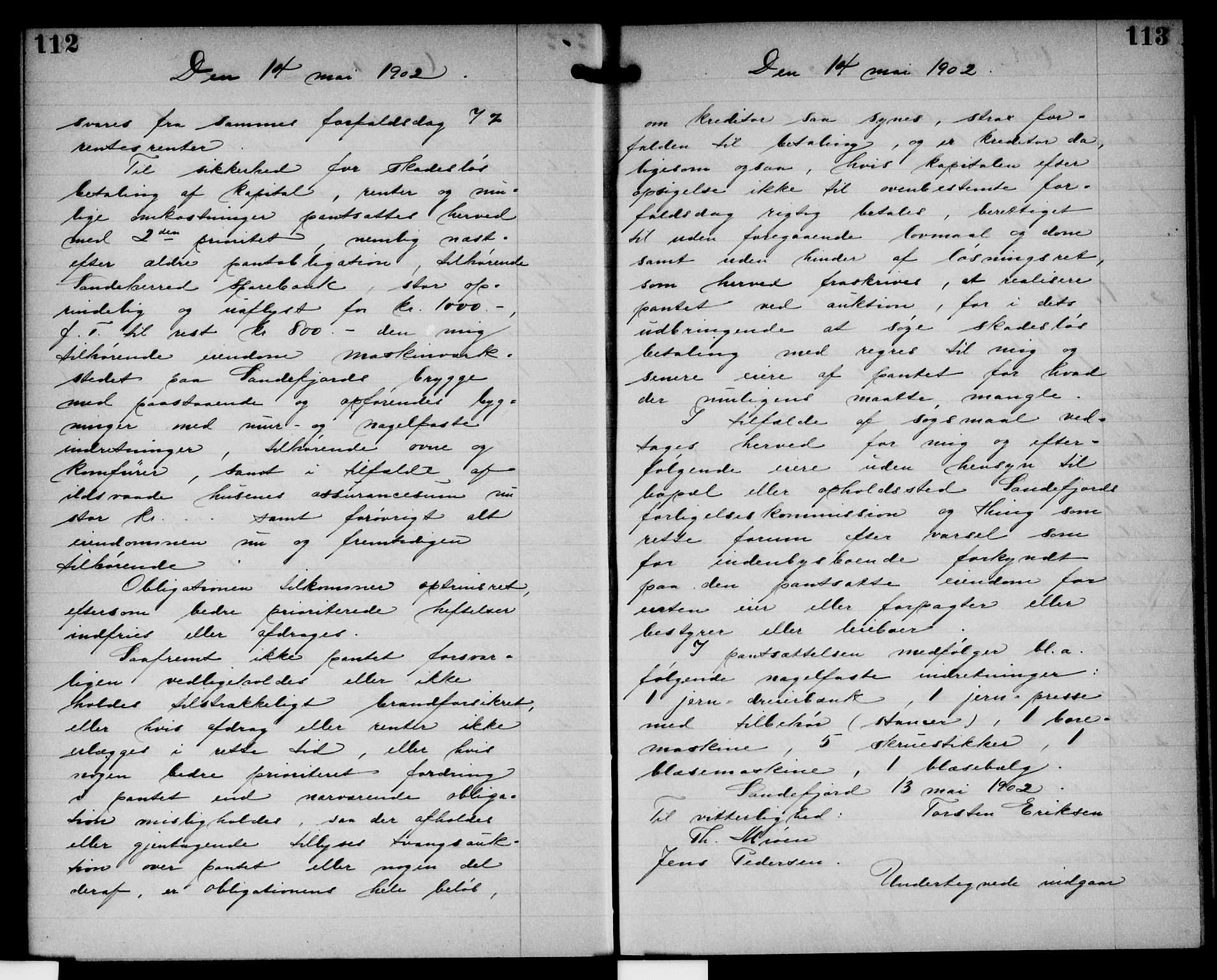 Sandefjord byfogd - 1, AV/SAKO-A-122/G/Ga/L0009: Pantebok nr. 9, 1902-1904, s. 112-113