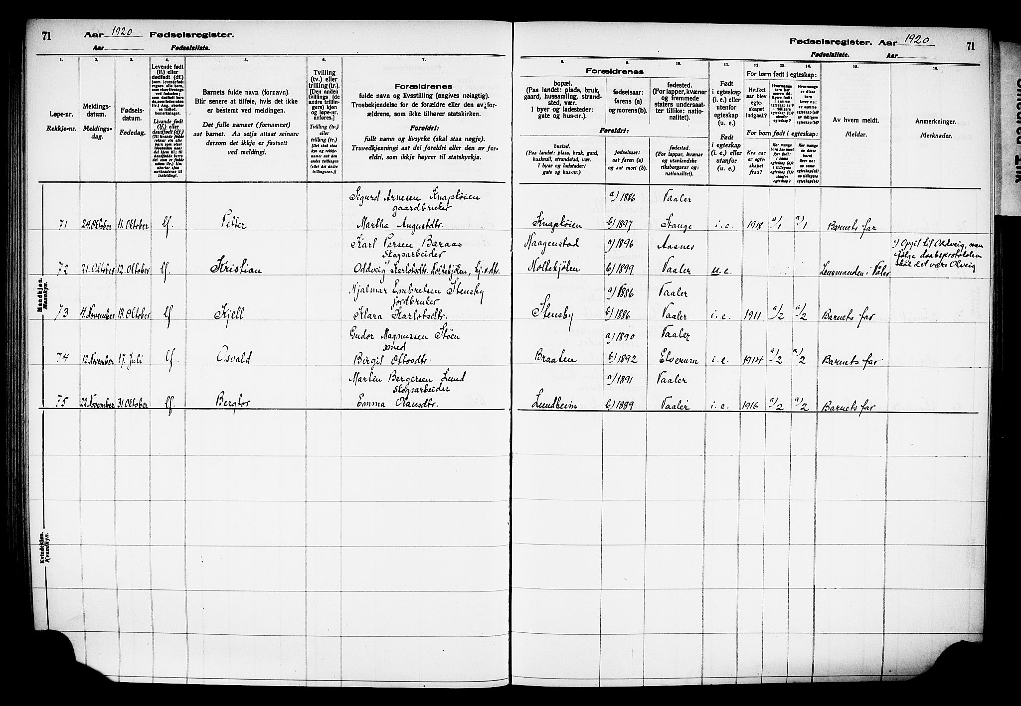 Våler prestekontor, Hedmark, AV/SAH-PREST-040/I/Id/L0001: Fødselsregister nr. 1, 1916-1930, s. 71