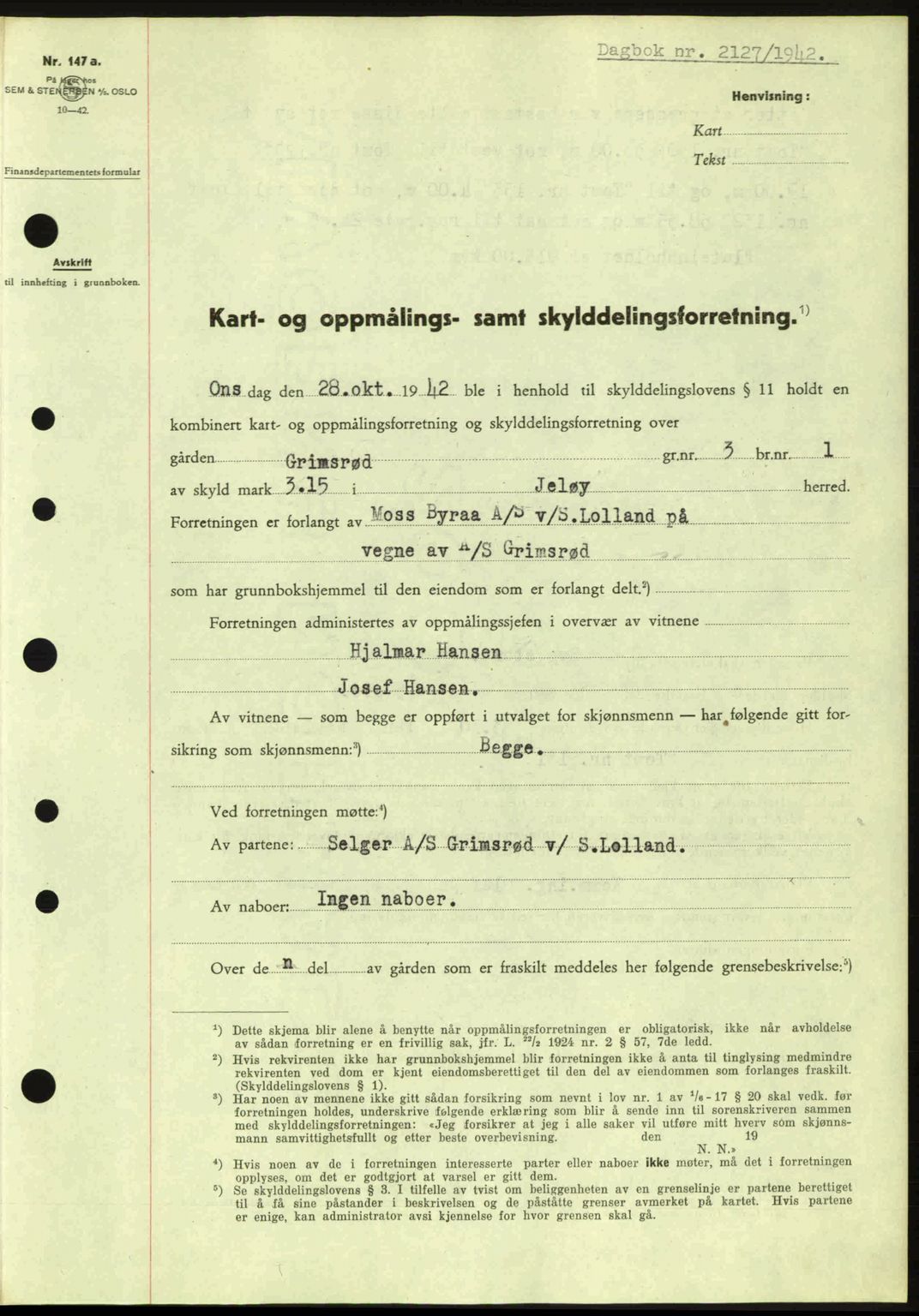 Moss sorenskriveri, SAO/A-10168: Pantebok nr. A10, 1942-1943, Dagboknr: 2127/1942