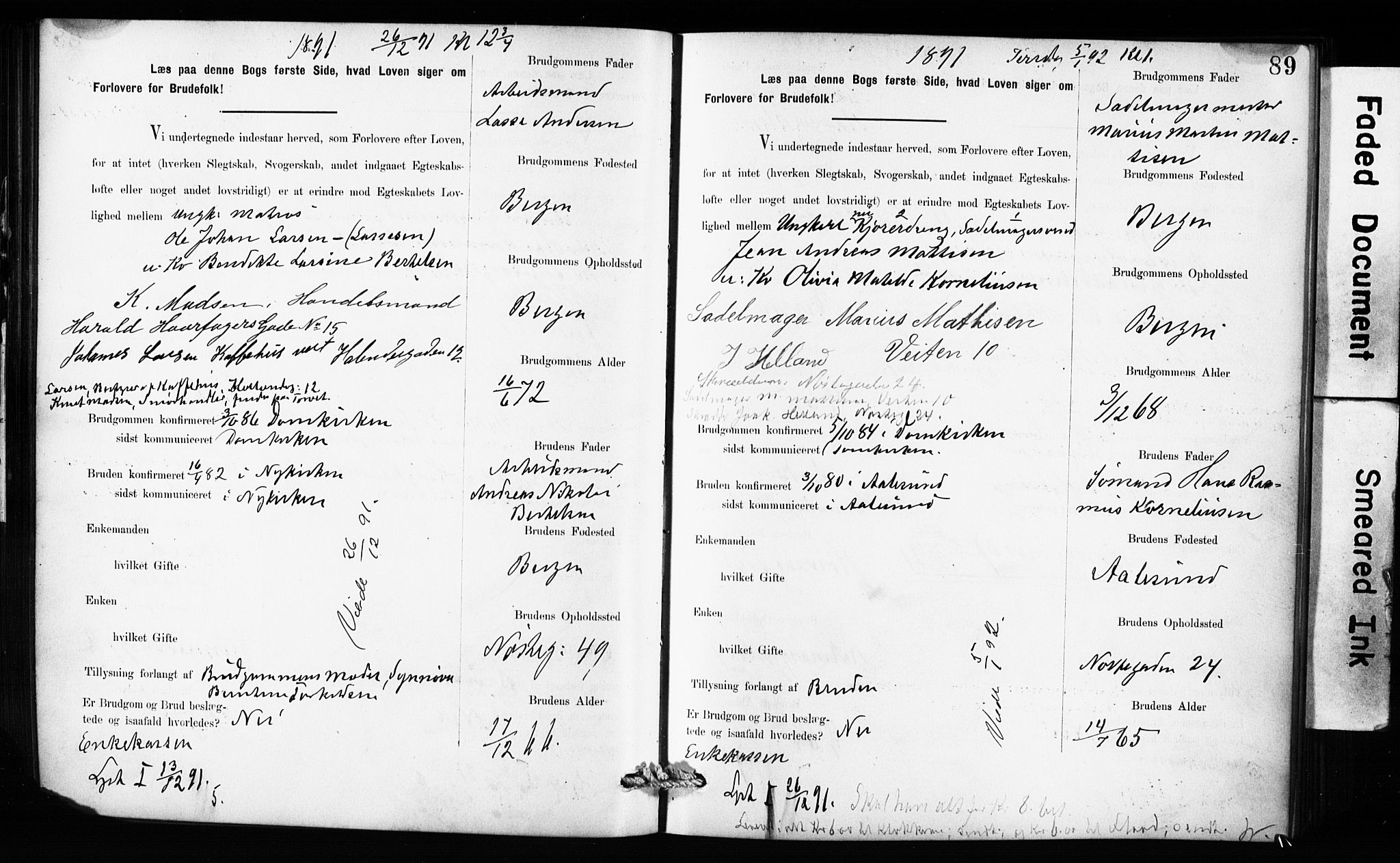 Domkirken sokneprestembete, SAB/A-74801: Forlovererklæringer nr. II.5.10, 1890-1899, s. 89