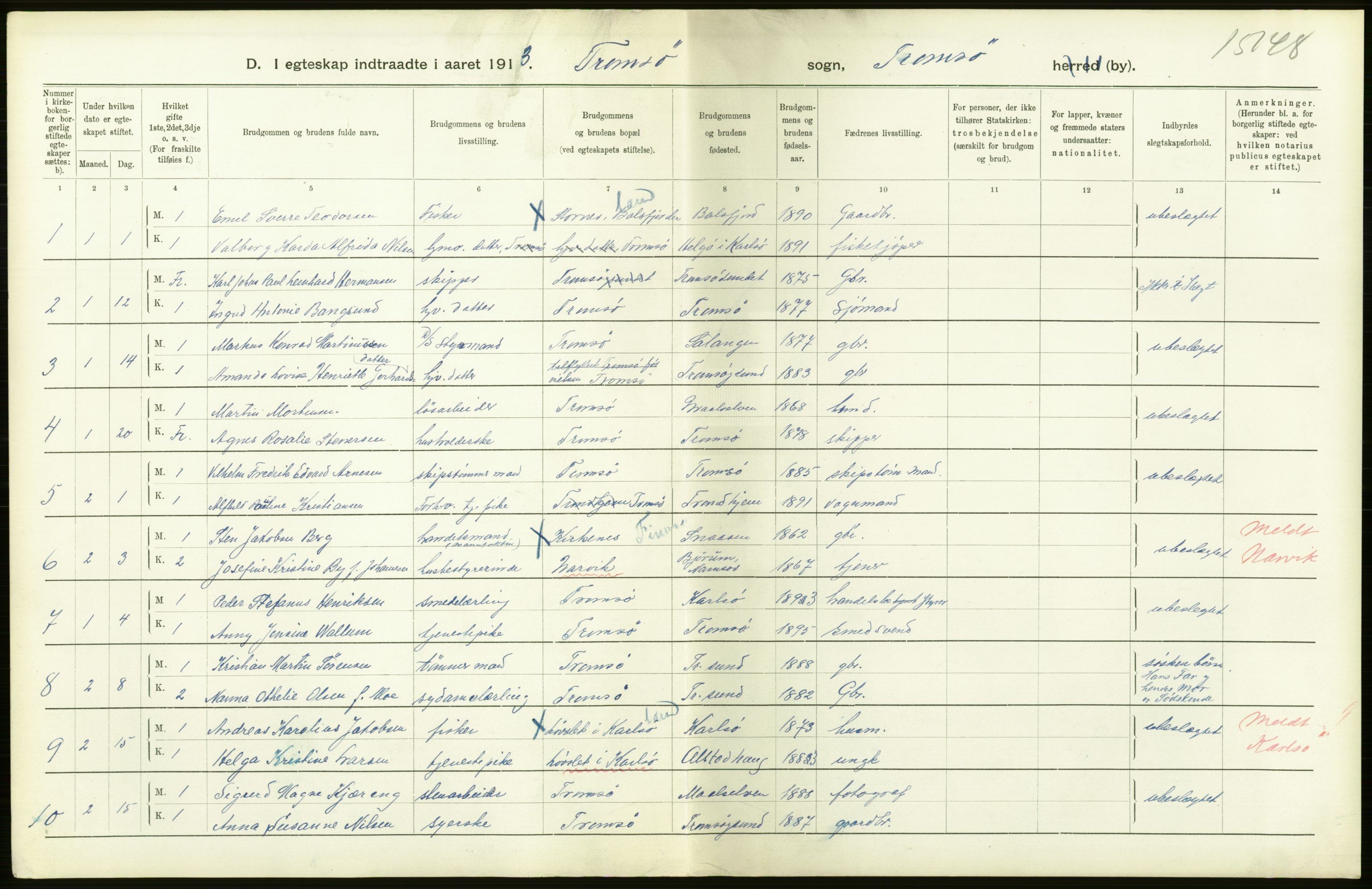 Statistisk sentralbyrå, Sosiodemografiske emner, Befolkning, AV/RA-S-2228/D/Df/Dfb/Dfbc/L0047: Tromsø amt: Gifte, døde, dødfødte. Bygder og byer., 1913, s. 514