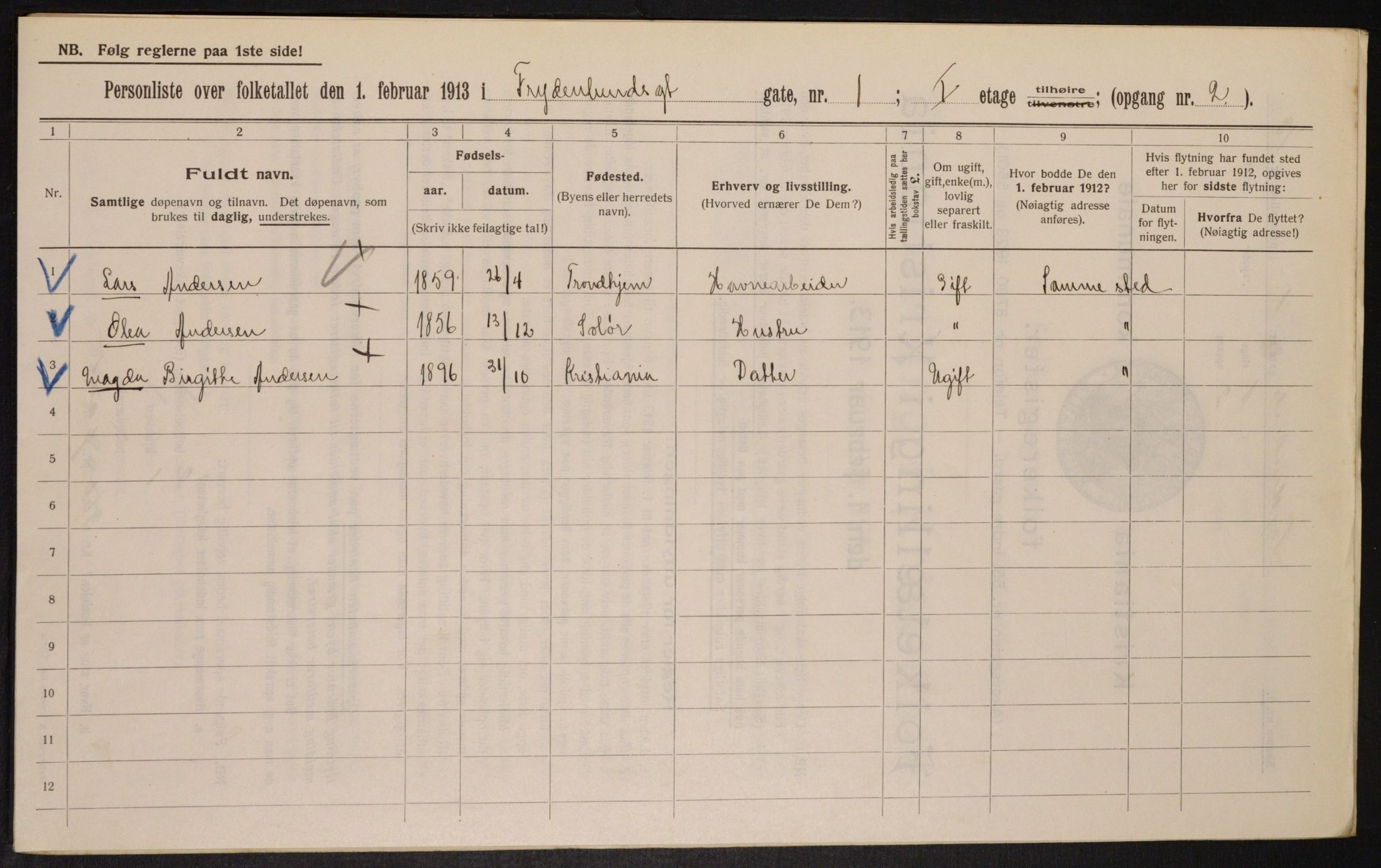 OBA, Kommunal folketelling 1.2.1913 for Kristiania, 1913, s. 28097