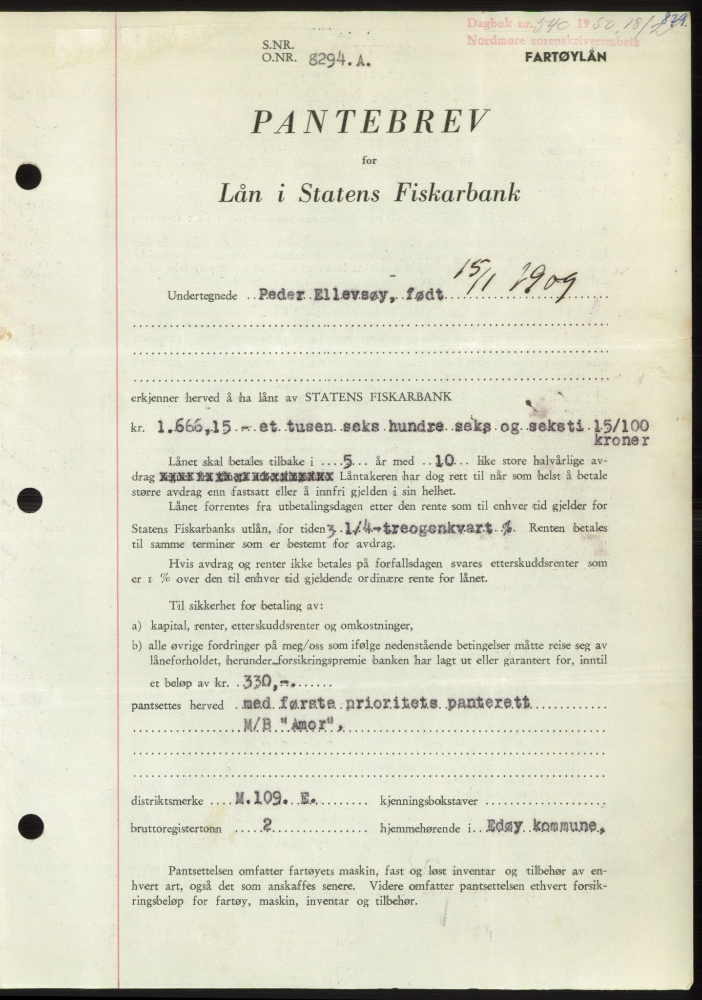 Nordmøre sorenskriveri, SAT/A-4132/1/2/2Ca: Pantebok nr. B103, 1949-1950, Dagboknr: 540/1950