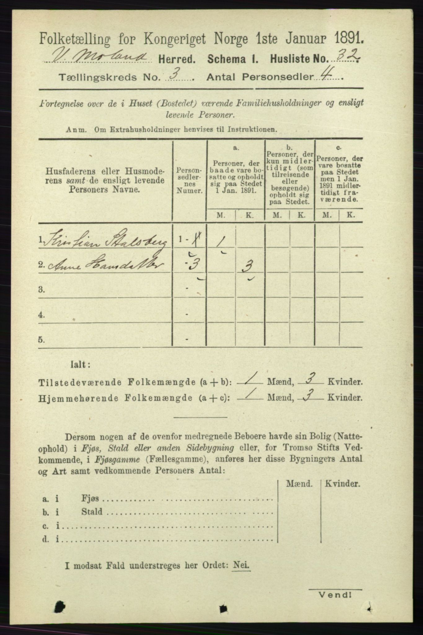 RA, Folketelling 1891 for 0926 Vestre Moland herred, 1891, s. 953