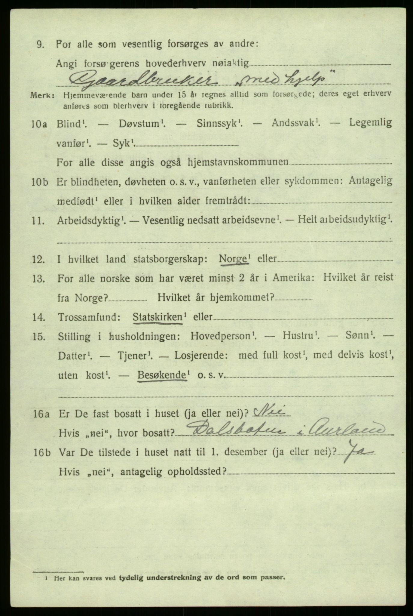 SAB, Folketelling 1920 for 1421 Aurland herred, 1920, s. 3875