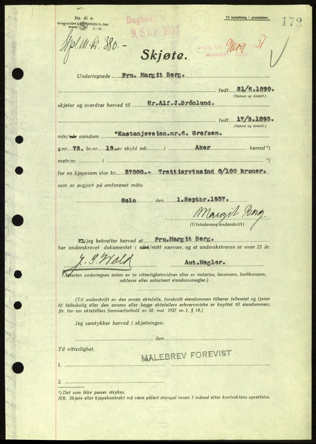 Aker herredsskriveri, SAO/A-10896/G/Gb/Gba/Gbab/L0017: Pantebok nr. A148, 1937-1937, Dagboknr: 9609/1937