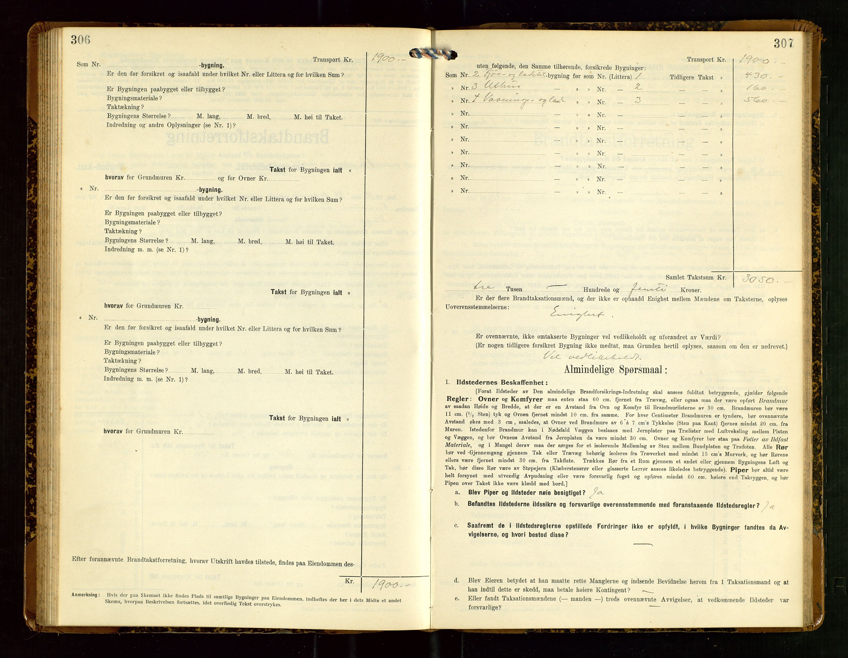 Klepp lensmannskontor, AV/SAST-A-100163/Goc/L0007: "Brandtaxationsprotokol" m/register, 1911-1915, s. 306-307