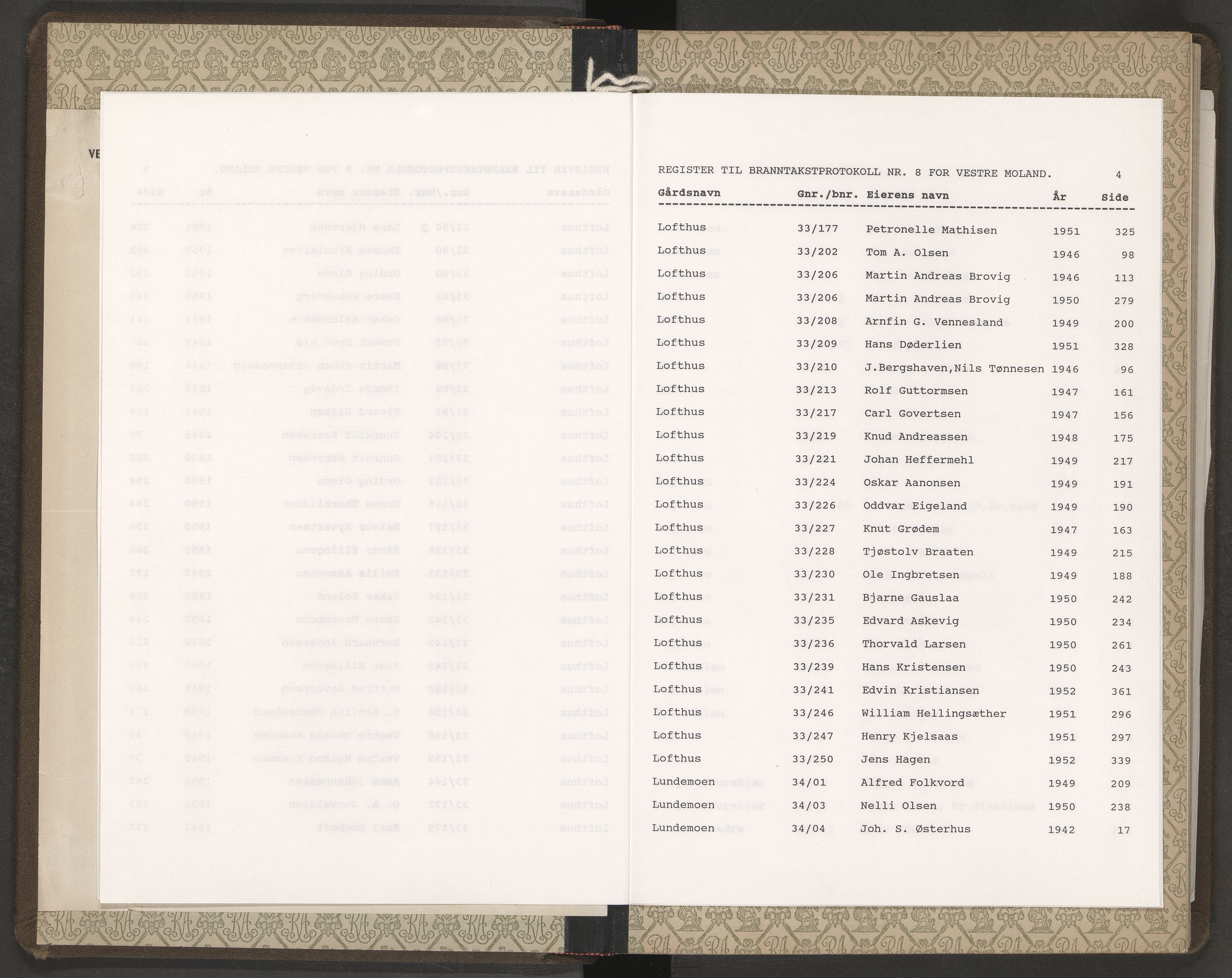 Norges Brannkasse Vestre Moland, AV/SAK-2241-0056/F/Fa/L0008: Branntakstprotokoll nr. 8 med gårdsnavnregister, 1941-1952
