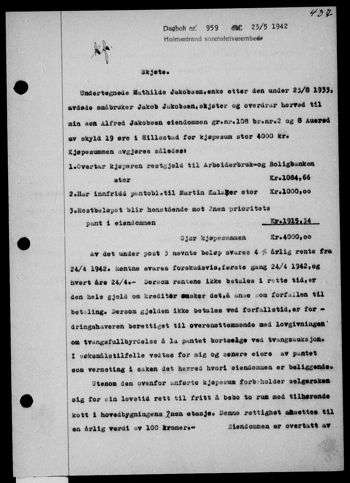 Holmestrand sorenskriveri, SAKO/A-67/G/Ga/Gaa/L0055: Pantebok nr. A-55, 1942-1942, Dagboknr: 959/1942